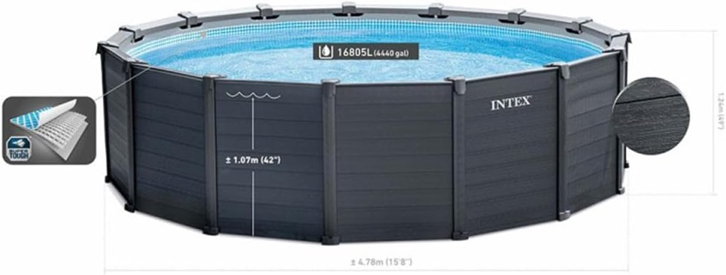 Intex Frame Pool Set Grafito Ø 478 x 124 cm, Piscina, Filtro de Arena, Lona Protectora, Escalera de Seguridad, 26384GS