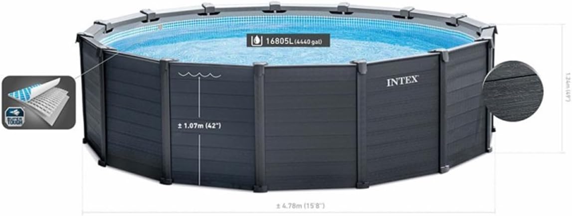 Intex Frame Pool Set Grafito Ø 478 x 124 cm, Piscina, Filtro de Arena, Lona Protectora, Escalera de Seguridad, 26384GS
