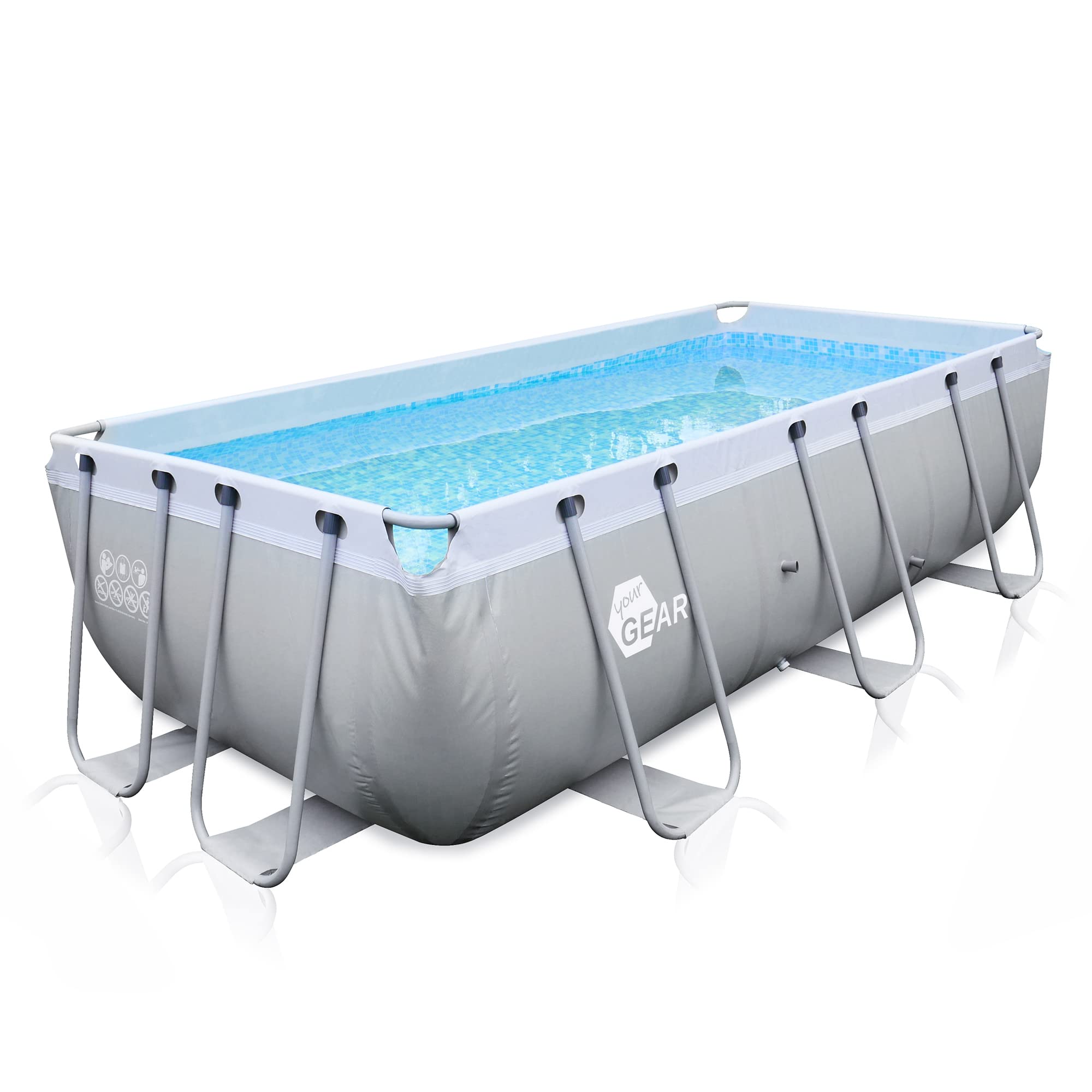 Piscina rectangular de 396x207x100 cm hecha de acero, proporciona un espacio generoso para que toda la familia disfrute en el jardín o la terraza.