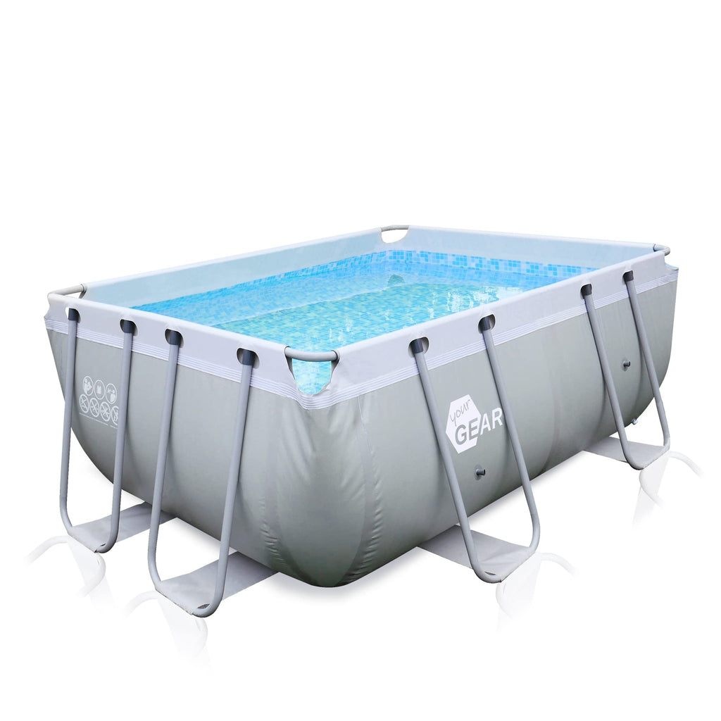Piscina rectangular de 396x207x100 cm hecha de acero, proporciona un espacio generoso para que toda la familia disfrute en el jardín o la terraza.