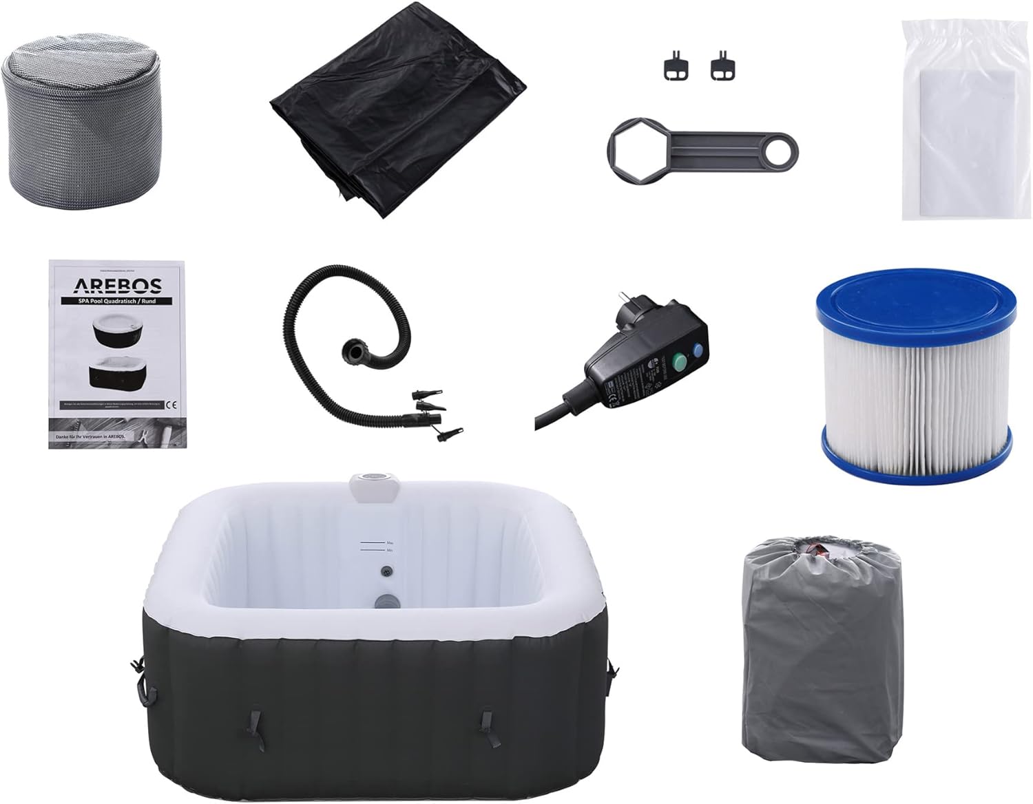 Arebos SPA Hinchable Piscina de hidromasaje | Hinchable | Cuadrada | para Interior y Exterior | 154x154cm | 4 Personas | 130 chorros de Masaje | 600 L