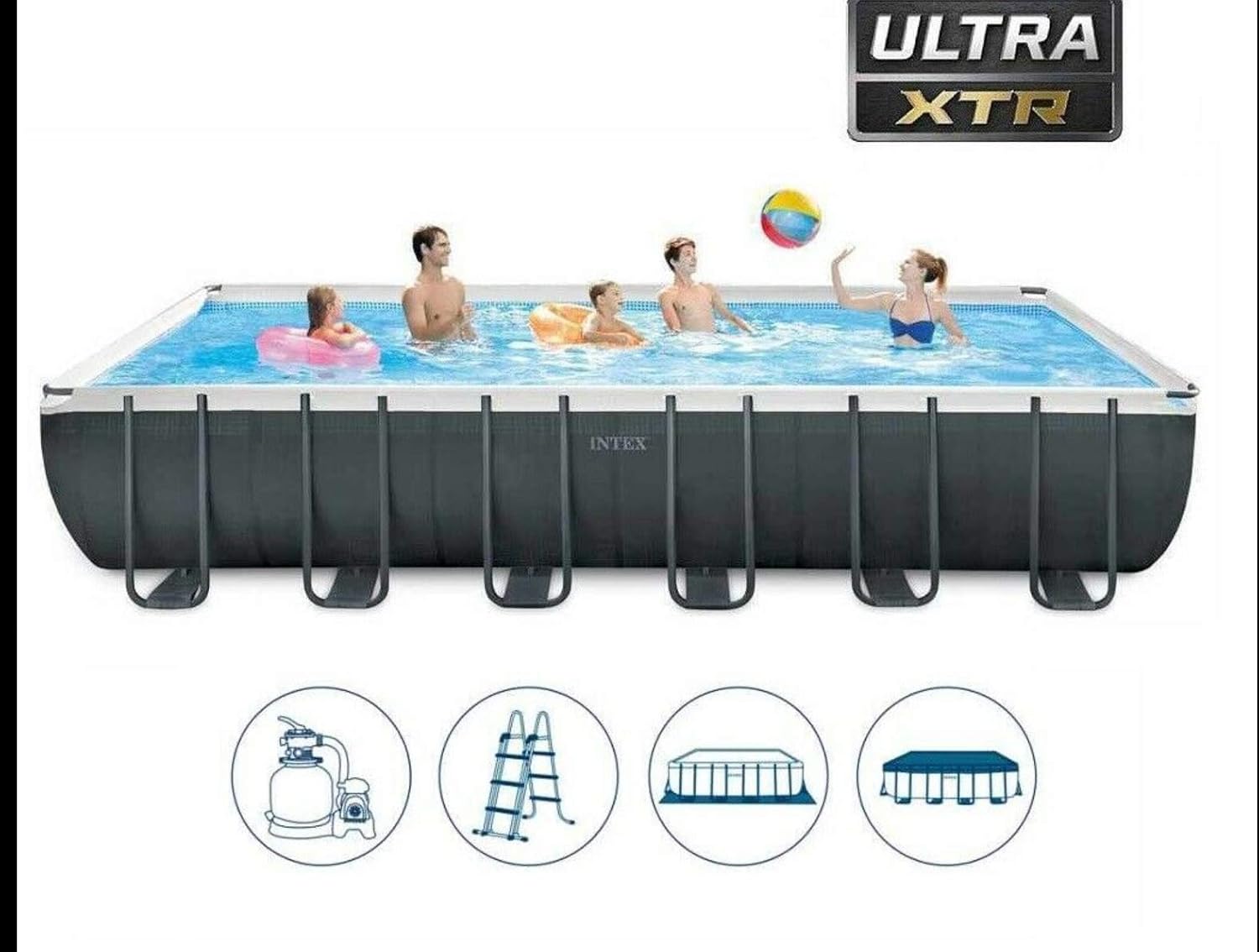 Intex 732 x 366 x 132 cm Ultra Frame Swimming Pool 26364 Juego completo con accesorios adicionales como: vidrio de filtro, colchón de aire