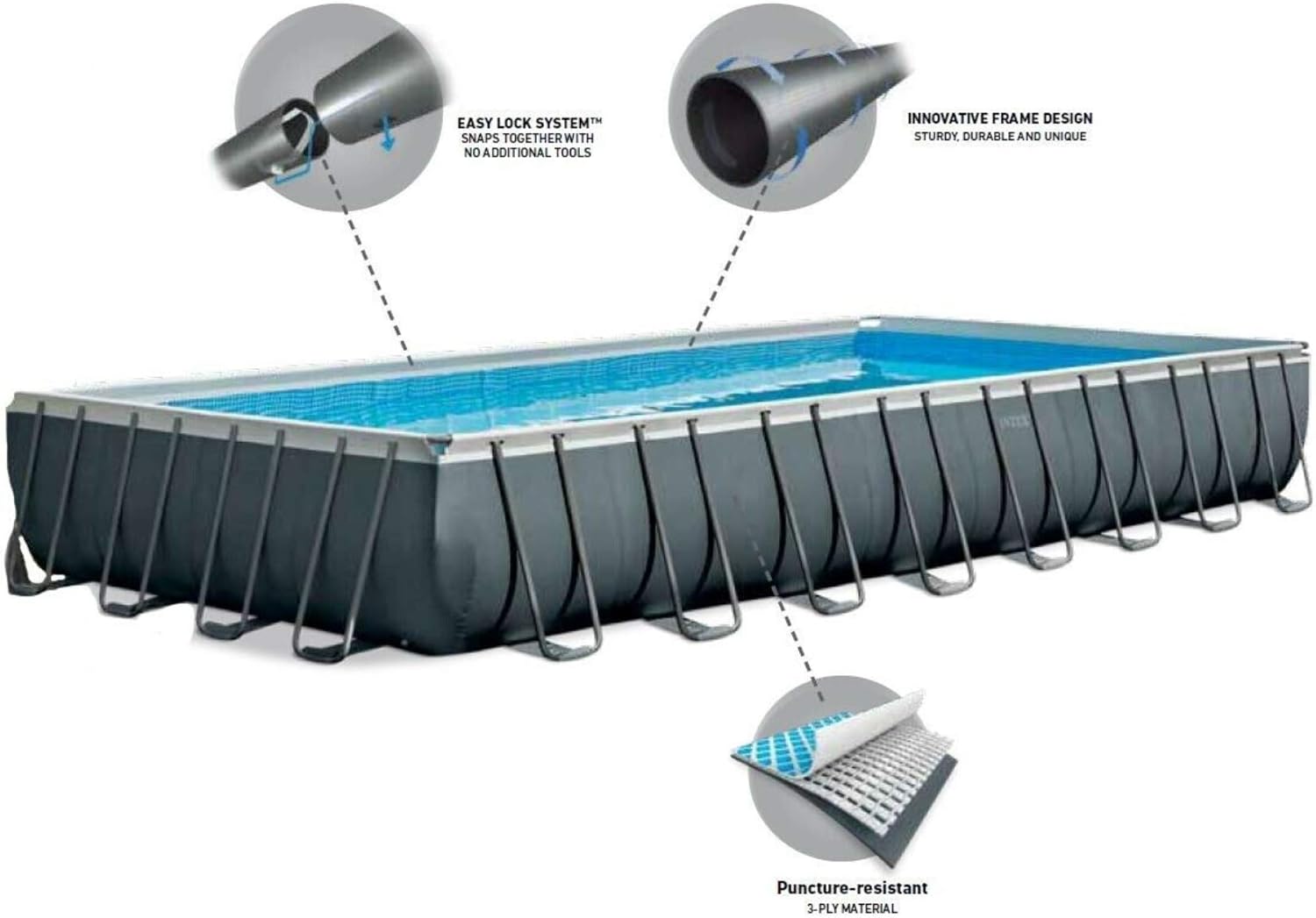 Intex 732 x 366 x 132 cm Ultra Frame Swimming Pool 26364 Juego completo con accesorios adicionales como: vidrio de filtro, colchón de aire