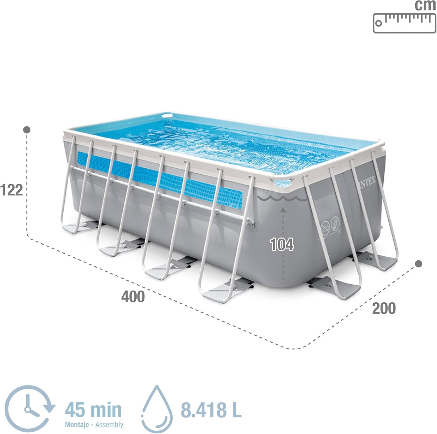 Intex Piscina Desmontable Rectangular Prism Frame, 400x200x122 cm, Material Triple Capa, Capacidad 8.418 L, Ventana panorámica, Tapiz, Cobertor, Depuradora de Cartucho, Escalera (56029)