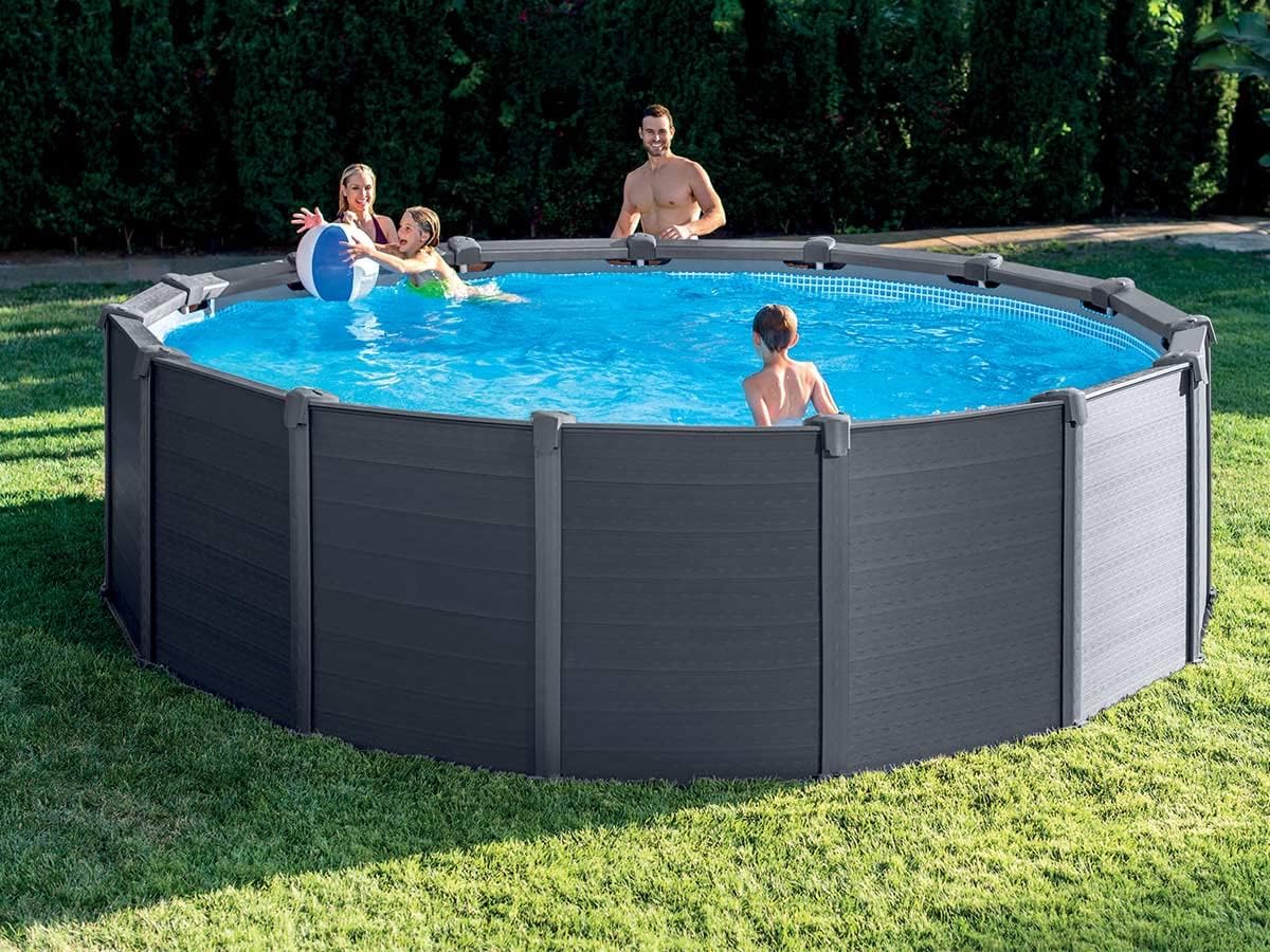 Intex Frame Pool Set Grafito Ø 478 x 124 cm, Piscina, Filtro de Arena, Lona Protectora, Escalera de Seguridad, 26384GS