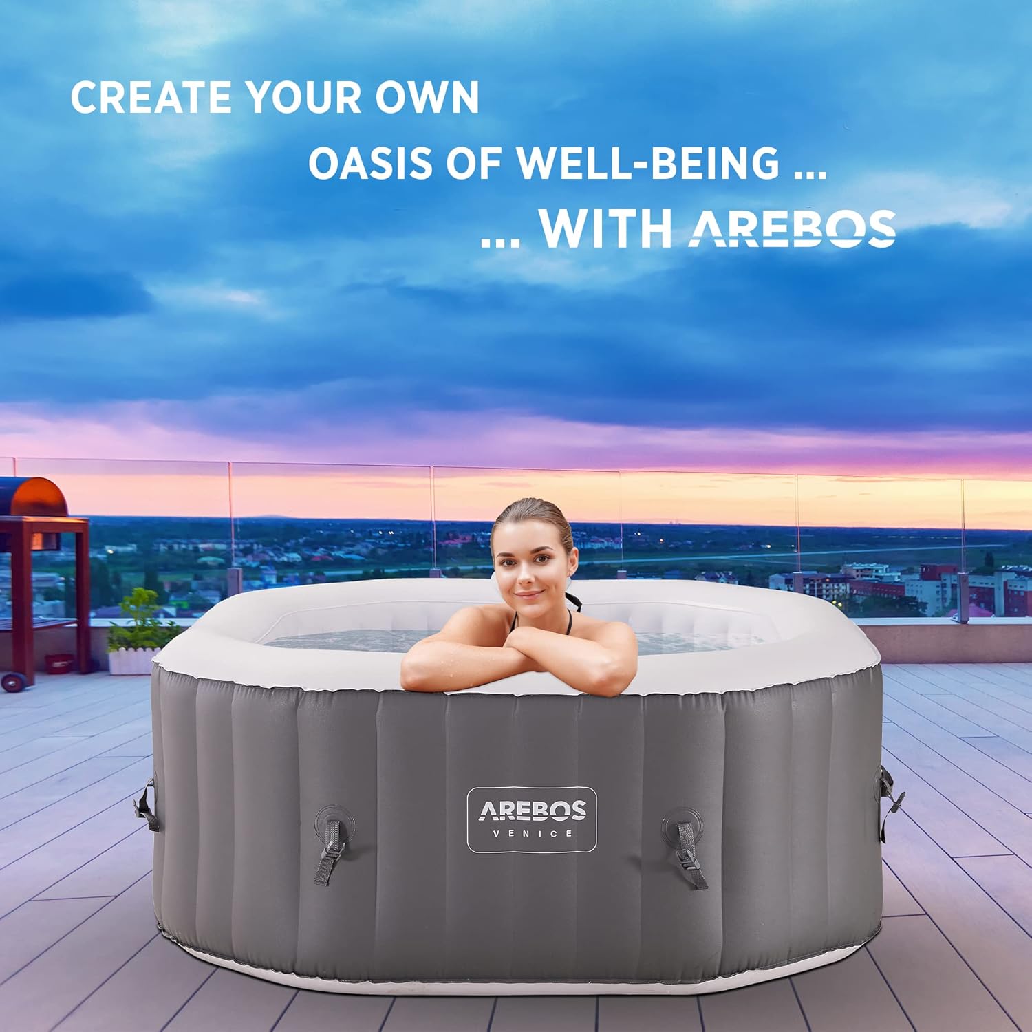 Arebos SPA Hinchable Bañera de hidromasaje | Interior y Exterior | 154x154 cm | 4 Personas | 110 chorros de Masaje | con calefacción | 600 litros | Incl. Cubierta | Bubble SPA & Wellness Massage