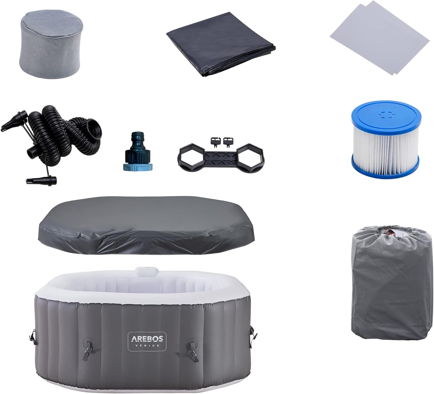 Arebos SPA Hinchable Bañera de hidromasaje | Interior y Exterior | 154x154 cm | 4 Personas | 110 chorros de Masaje | con calefacción | 600 litros | Incl. Cubierta | Bubble SPA & Wellness Massage