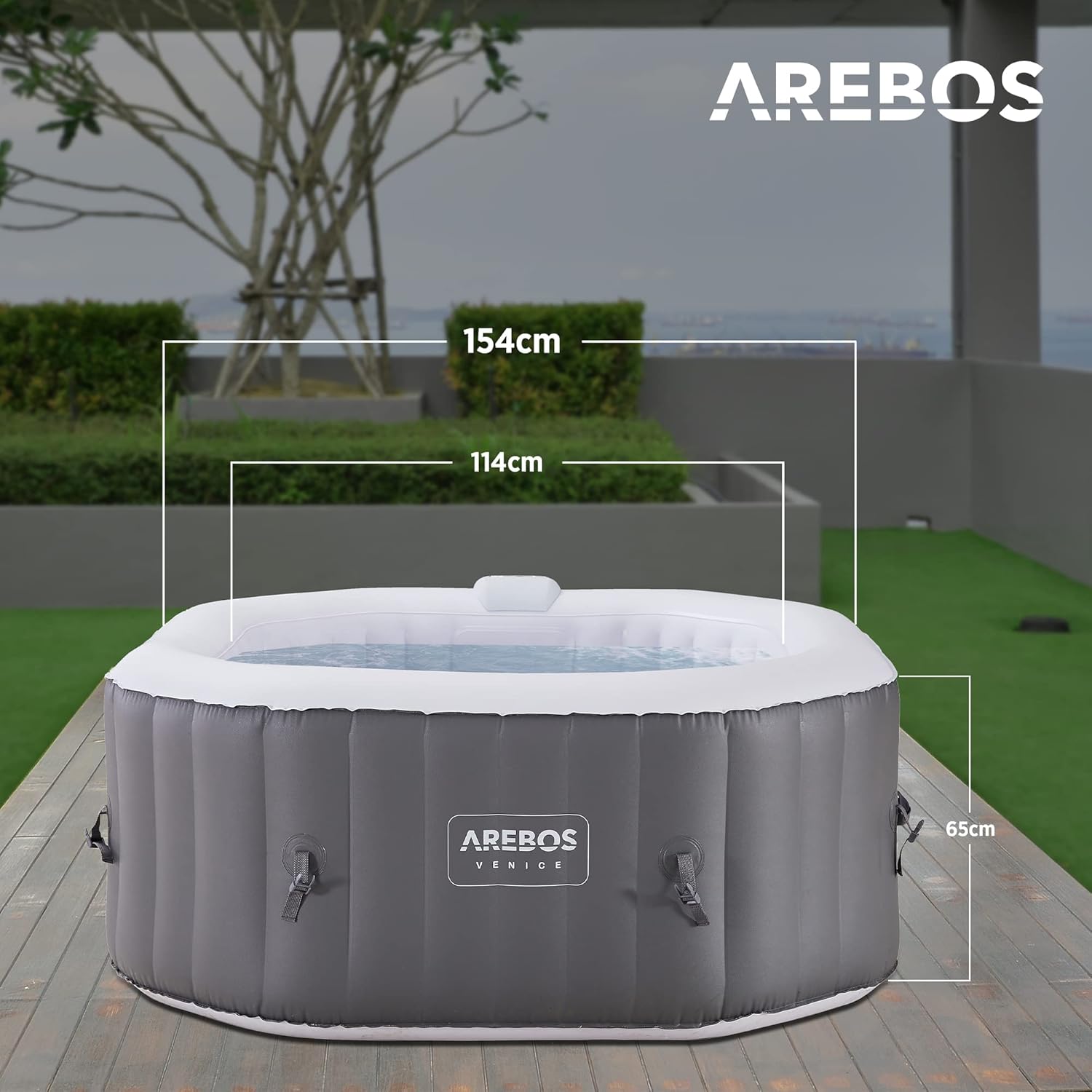 Arebos SPA Hinchable Bañera de hidromasaje | Interior y Exterior | 154x154 cm | 4 Personas | 110 chorros de Masaje | con calefacción | 600 litros | Incl. Cubierta | Bubble SPA & Wellness Massage