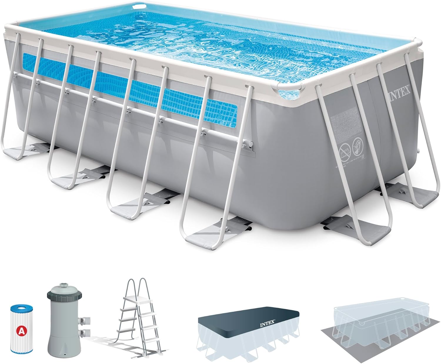 Intex Piscina Desmontable Rectangular Prism Frame, 400x200x122 cm, Material Triple Capa, Capacidad 8.418 L, Ventana panorámica, Tapiz, Cobertor, Depuradora de Cartucho, Escalera (56029)