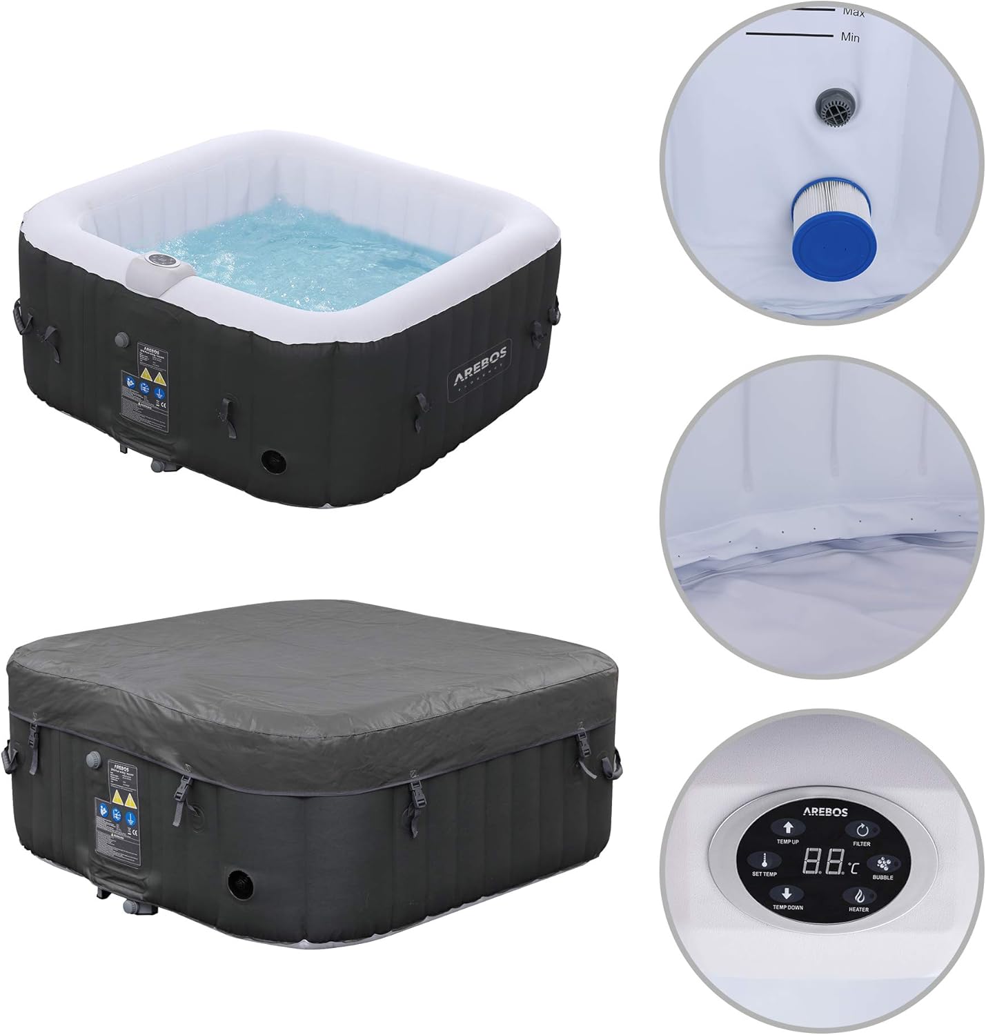 Arebos SPA Hinchable Piscina de hidromasaje | Hinchable | Cuadrada | para Interior y Exterior | 154x154cm | 4 Personas | 130 chorros de Masaje | 600 L