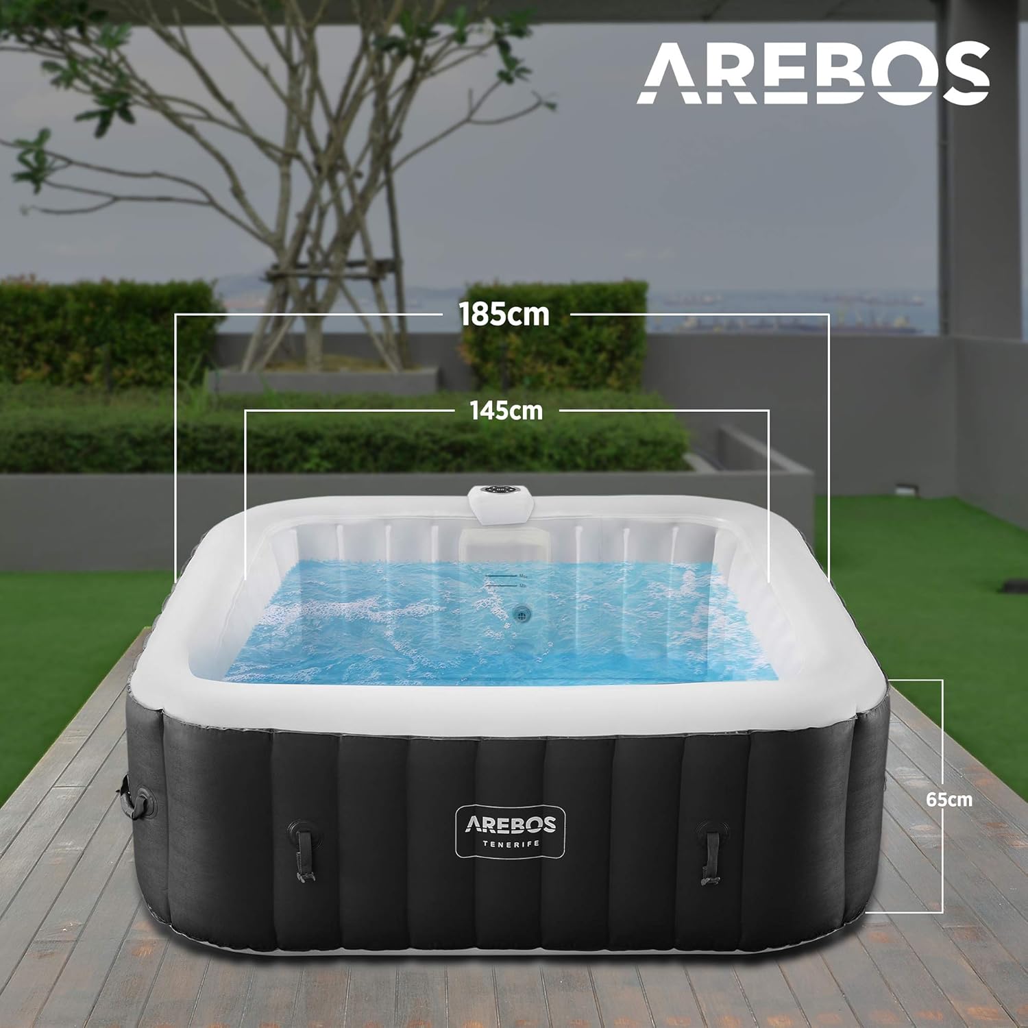 Arebos SPA Hinchable Whirlpool | Bañera de hidromasaje | 185x185cm | para 6 Personas | Banda Luminosa LED | 130 chorros de Masaje | 910 litros | Incluye Cubierta | Masaje de Burbujas y Bienestar