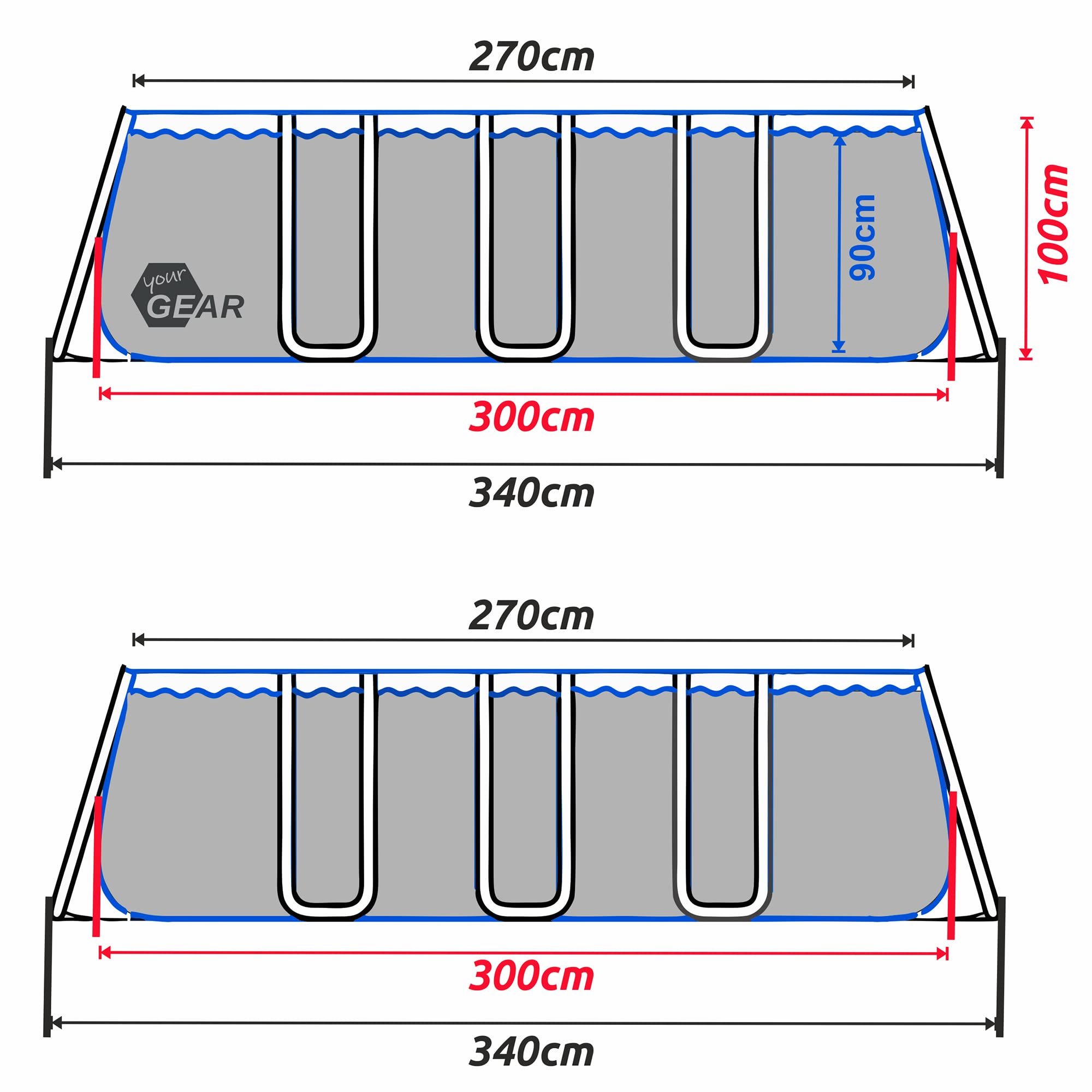 Piscina rectangular de 396x207x100 cm hecha de acero, proporciona un espacio generoso para que toda la familia disfrute en el jardín o la terraza.