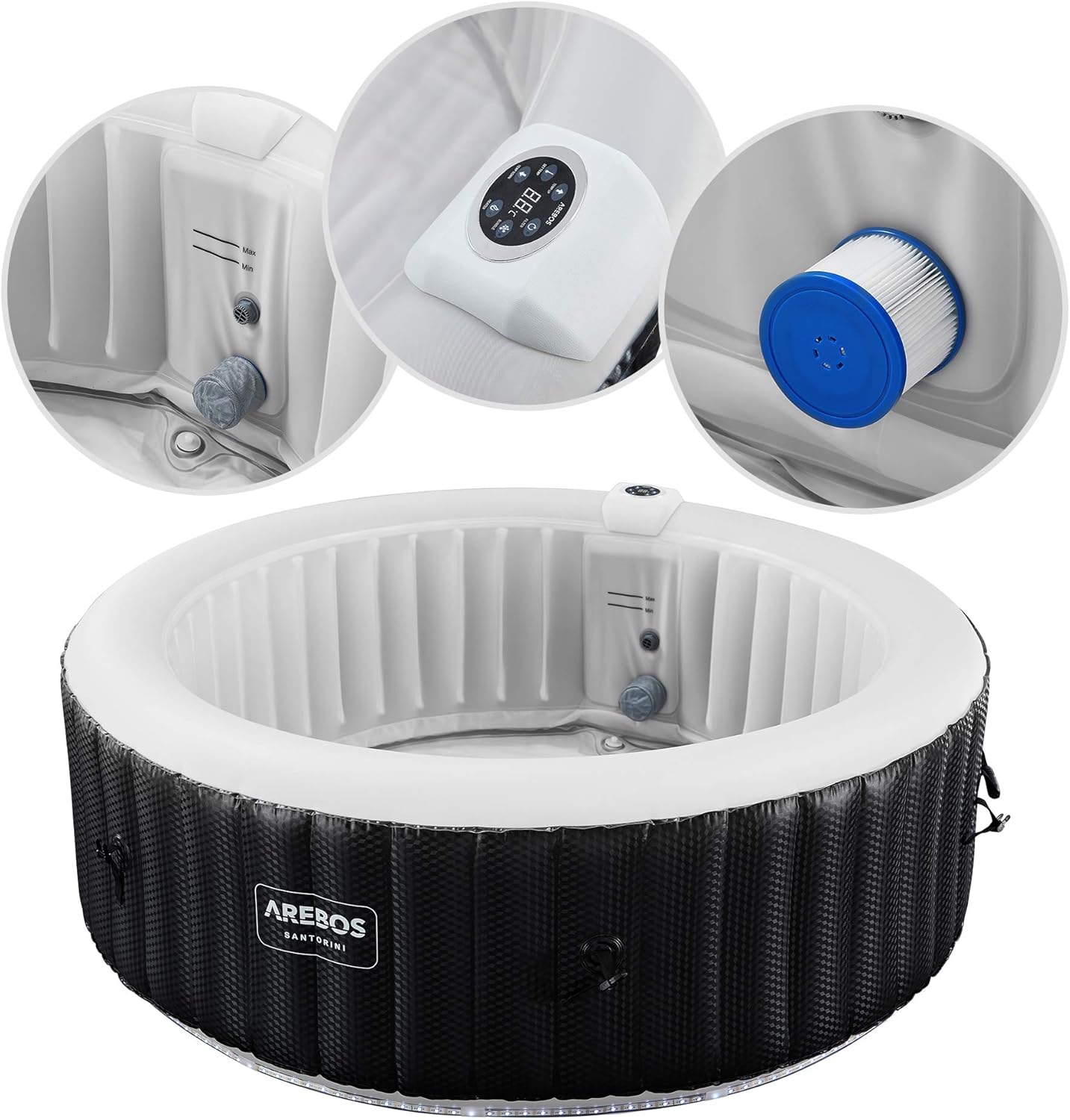 Arebos SPA Insuflável automático, para interior e exterior, TYYKL 208 cm, 6 pessoas, faixa luminosa LED, 130 boquilhas de massagem, 1000 l, inclui cobertura, Bubble SPA e Wellness massagem