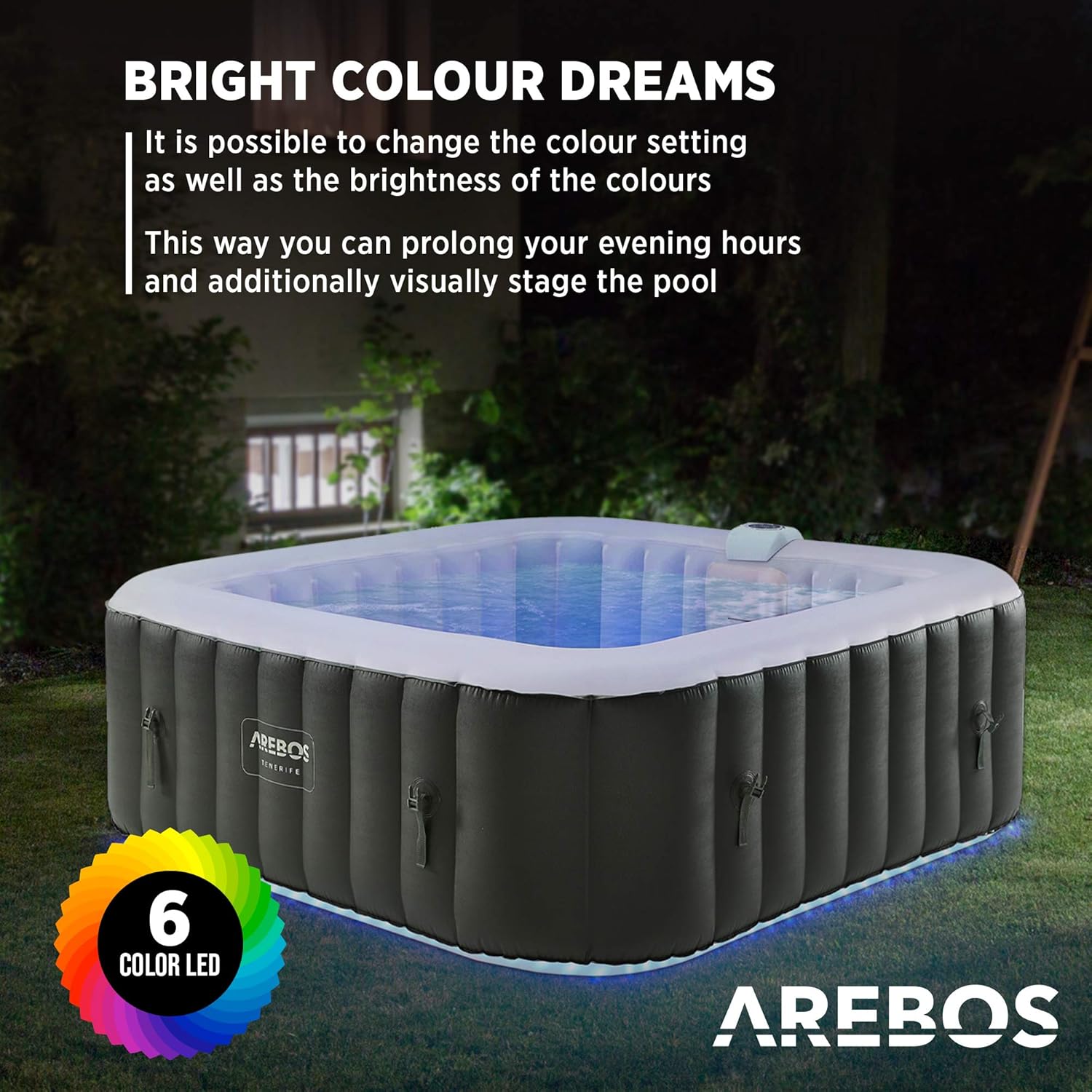 Arebos SPA Hinchable Whirlpool | Bañera de hidromasaje | 185x185cm | para 6 Personas | Banda Luminosa LED | 130 chorros de Masaje | 910 litros | Incluye Cubierta | Masaje de Burbujas y Bienestar