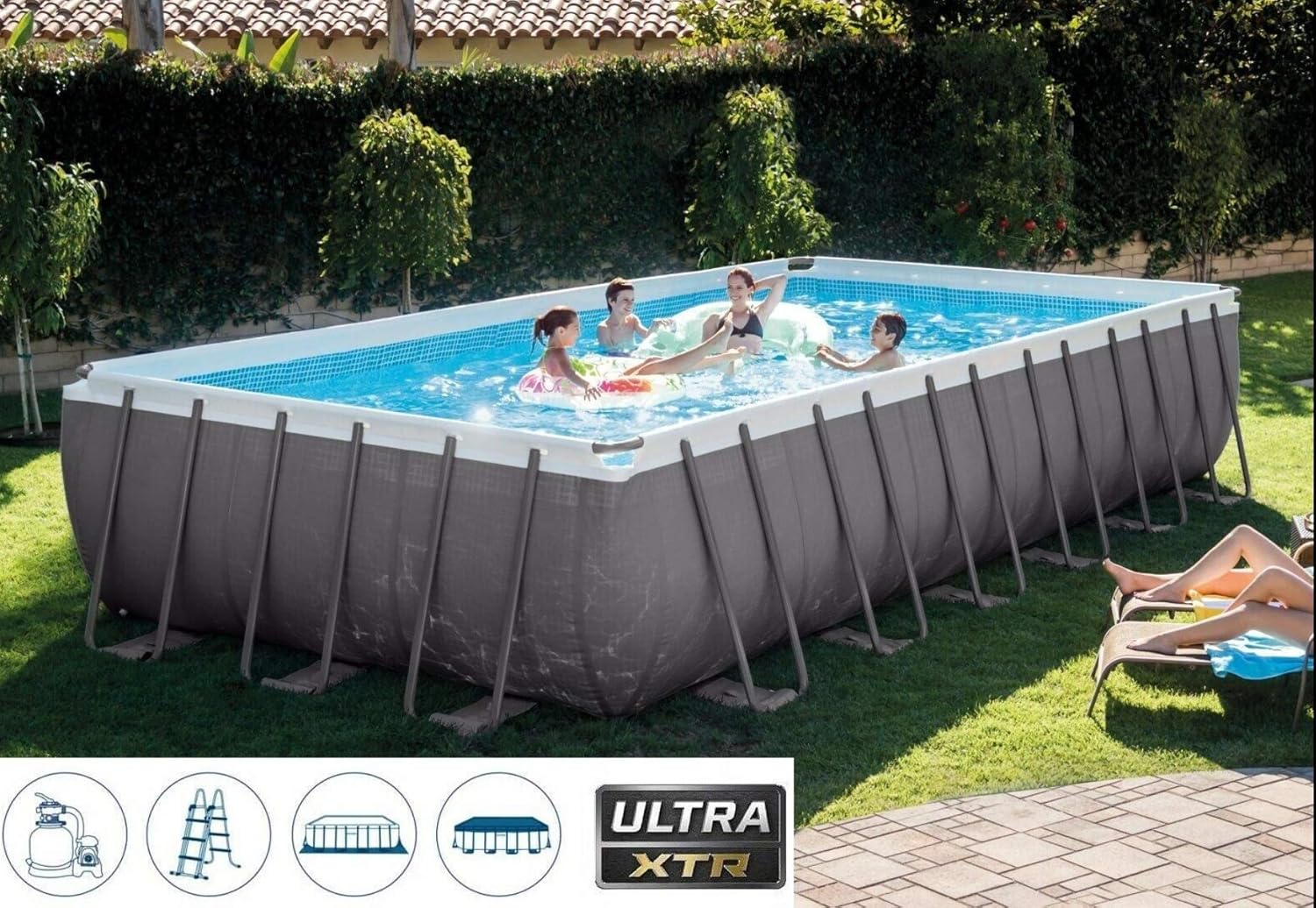 Intex 732 x 366 x 132 cm Ultra Frame Swimming Pool 26364 Juego completo con accesorios adicionales como: vidrio de filtro, colchón de aire