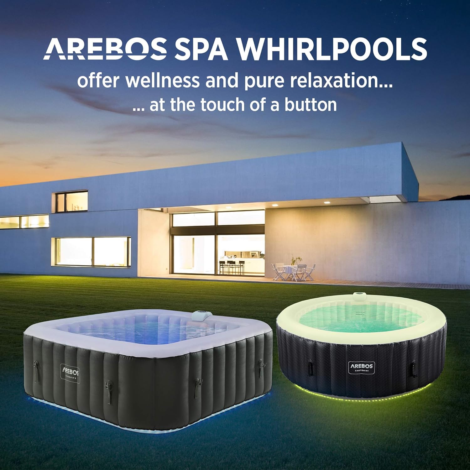Arebos SPA Hinchable Whirlpool | Bañera de hidromasaje | 185x185cm | para 6 Personas | Banda Luminosa LED | 130 chorros de Masaje | 910 litros | Incluye Cubierta | Masaje de Burbujas y Bienestar