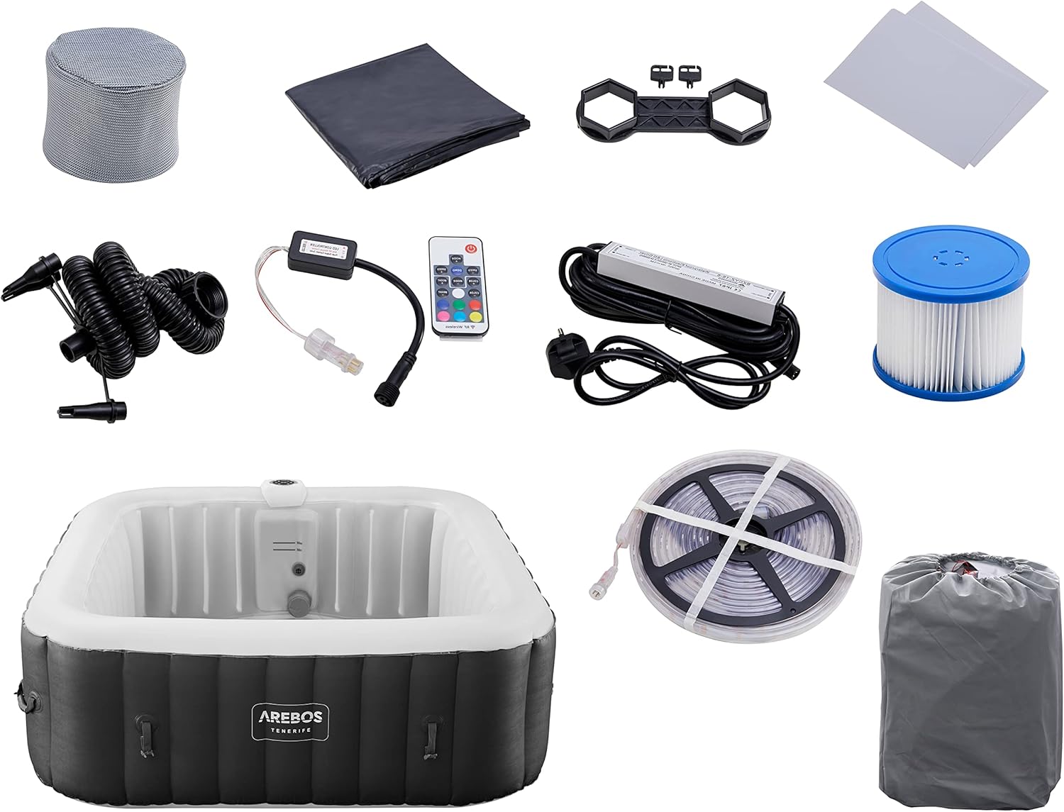Arebos SPA Hinchable Whirlpool | Bañera de hidromasaje | 185x185cm | para 6 Personas | Banda Luminosa LED | 130 chorros de Masaje | 910 litros | Incluye Cubierta | Masaje de Burbujas y Bienestar