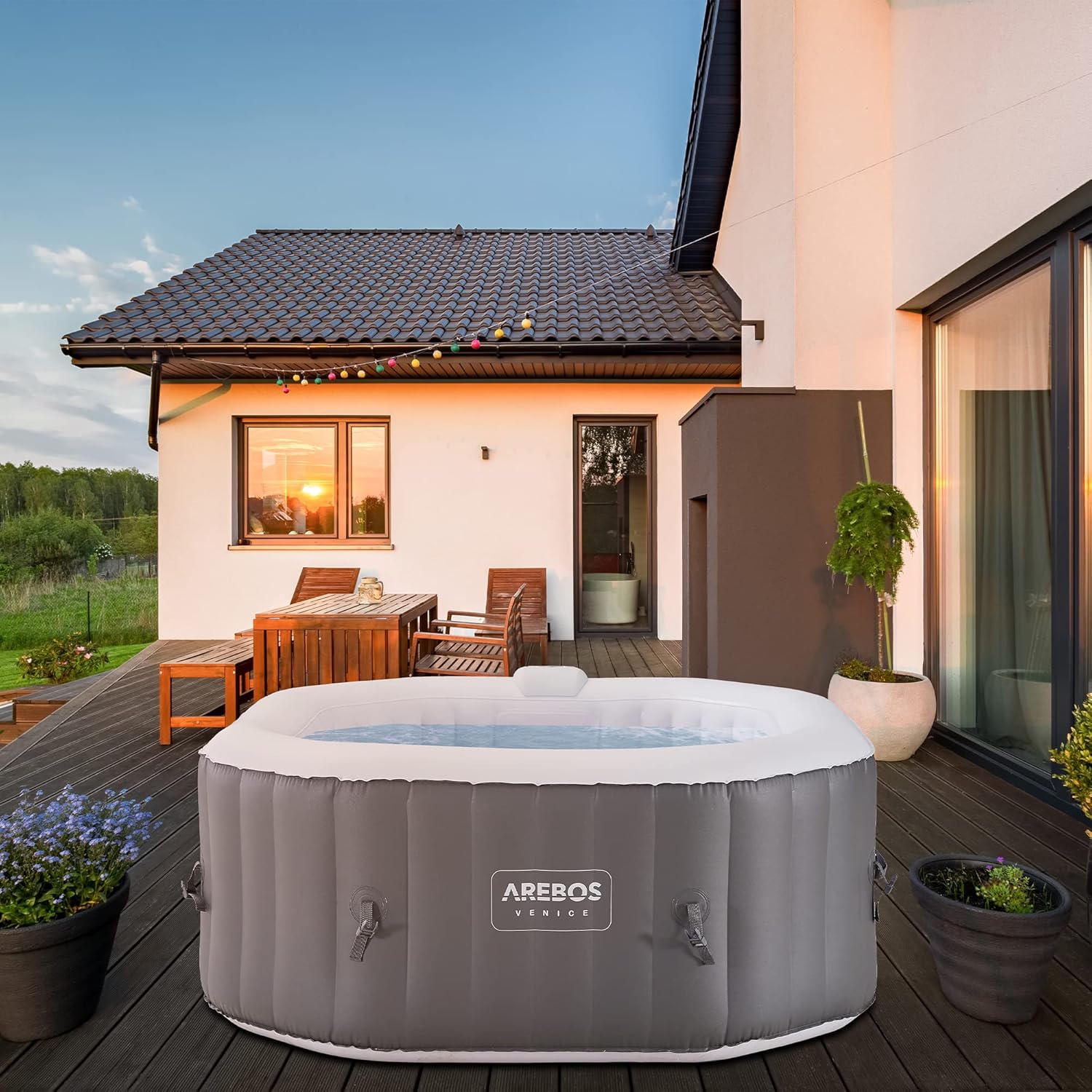Arebos SPA Hinchable Bañera de hidromasaje | Interior y Exterior | 154x154 cm | 4 Personas | 110 chorros de Masaje | con calefacción | 600 litros | Incl. Cubierta | Bubble SPA & Wellness Massage