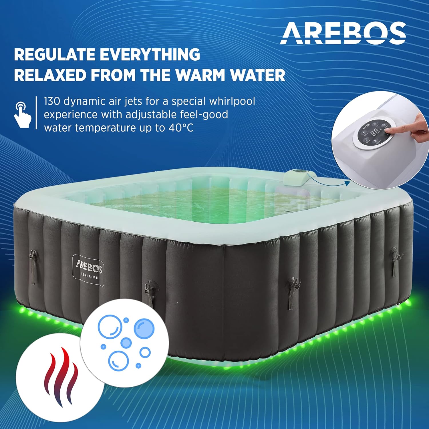Arebos SPA Hinchable Whirlpool | Bañera de hidromasaje | 185x185cm | para 6 Personas | Banda Luminosa LED | 130 chorros de Masaje | 910 litros | Incluye Cubierta | Masaje de Burbujas y Bienestar