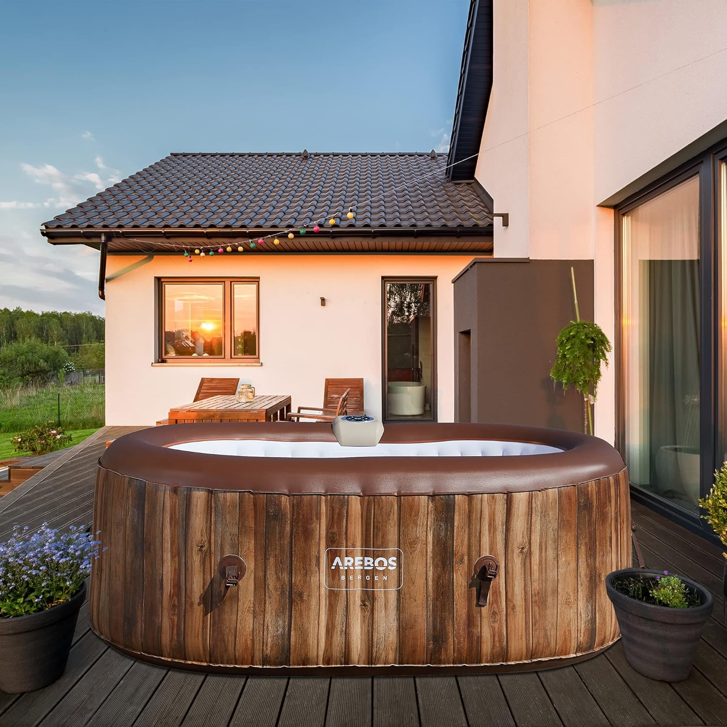 Arebos Whirlpool | SPA Hinchable | Interior y Exterior | 190x120 cm Ovalado | 2 Personas | 90 chorros de Masaje | con calefacción | 550 litros | Incl. Cubierta | Bubble SPA & Wellness Massage