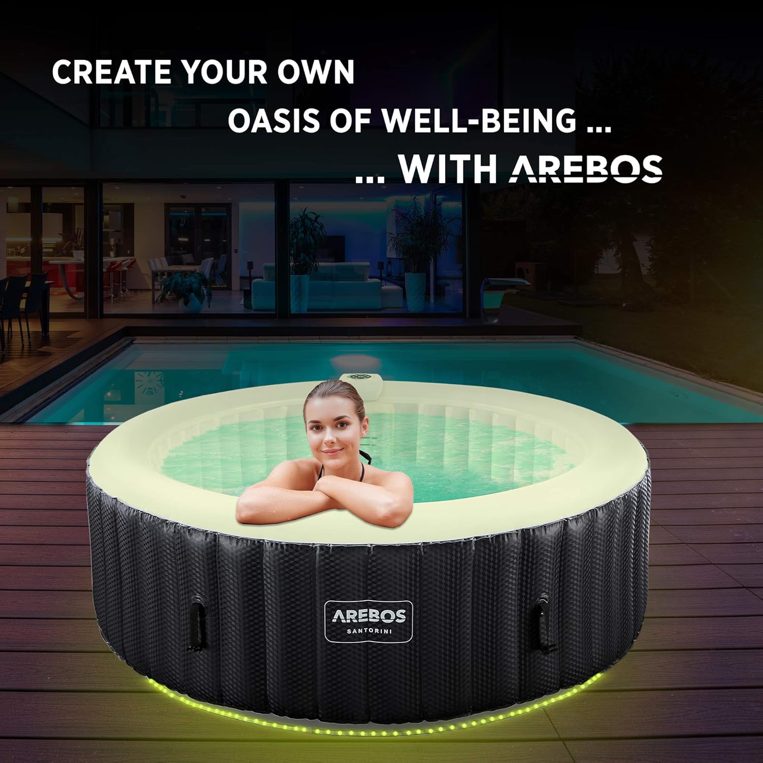 Arebos SPA Insuflável automático, para interior e exterior, TYYKL 208 cm, 6 pessoas, faixa luminosa LED, 130 boquilhas de massagem, 1000 l, inclui cobertura, Bubble SPA e Wellness massagem