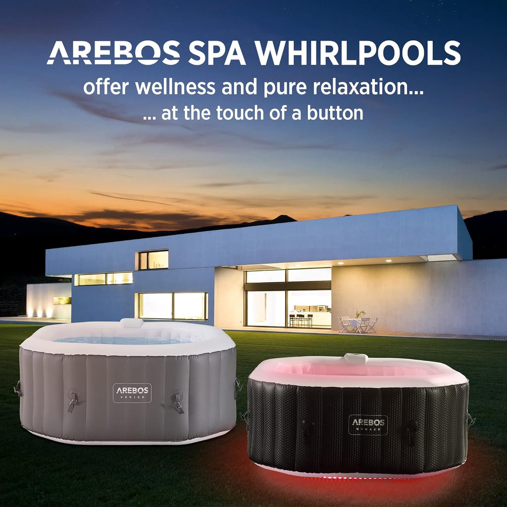 Arebos SPA Hinchable Bañera de hidromasaje | Interior y Exterior | 154x154 cm | 4 Personas | 110 chorros de Masaje | con calefacción | 600 litros | Incl. Cubierta | Bubble SPA & Wellness Massage