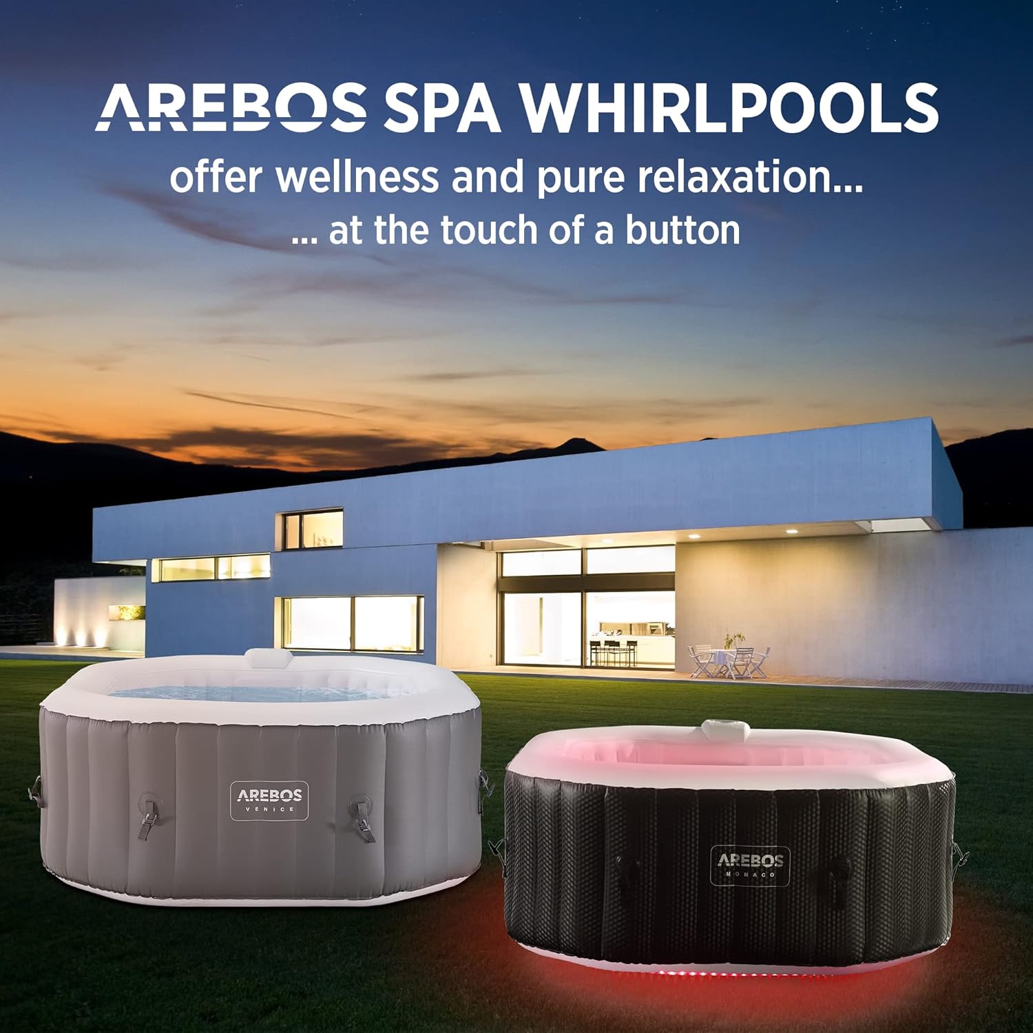 Arebos SPA Hinchable Bañera de hidromasaje | Interior y Exterior | 154x154 cm | 4 Personas | 110 chorros de Masaje | con calefacción | 600 litros | Incl. Cubierta | Bubble SPA & Wellness Massage