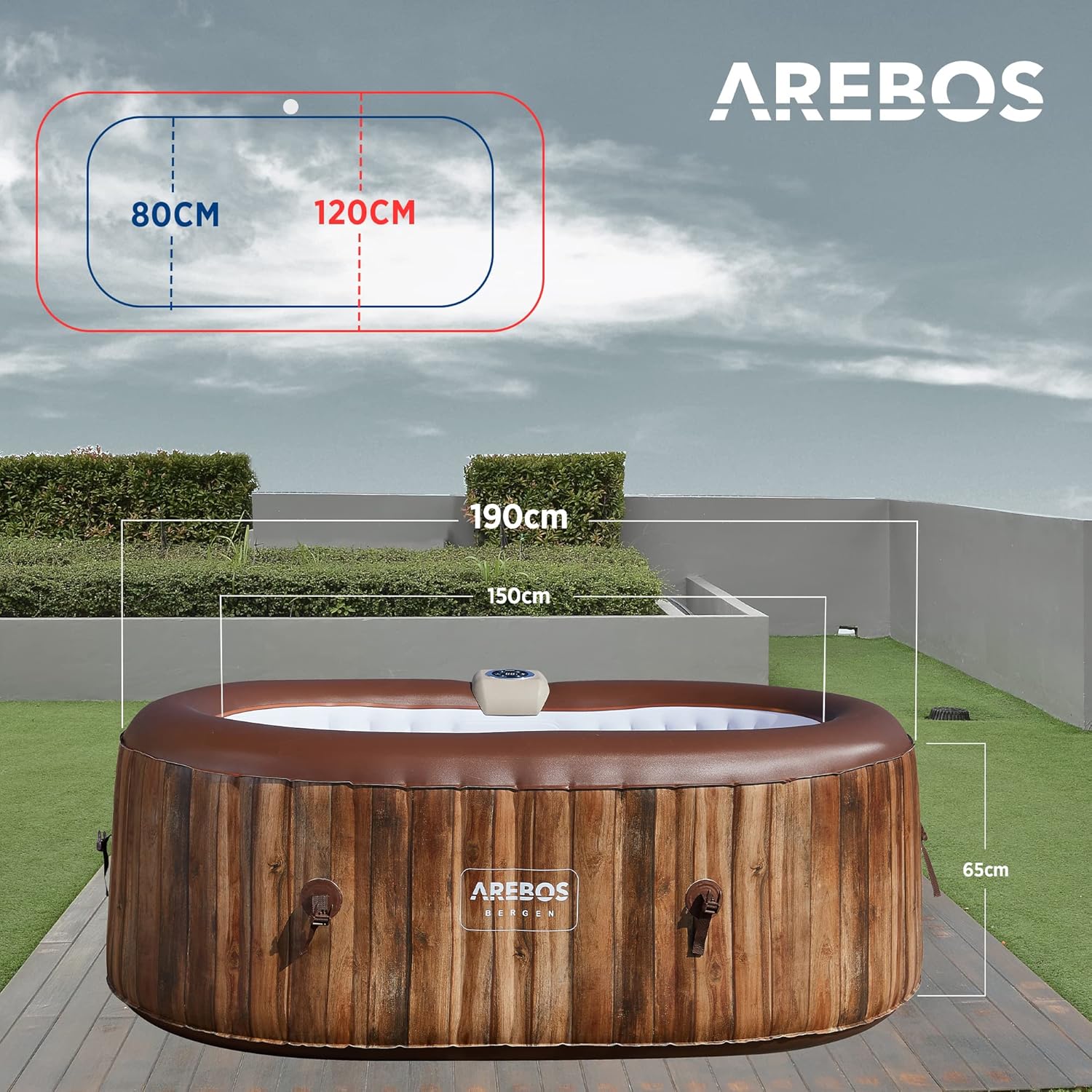 Arebos Whirlpool | SPA Hinchable | Interior y Exterior | 190x120 cm Ovalado | 2 Personas | 90 chorros de Masaje | con calefacción | 550 litros | Incl. Cubierta | Bubble SPA & Wellness Massage