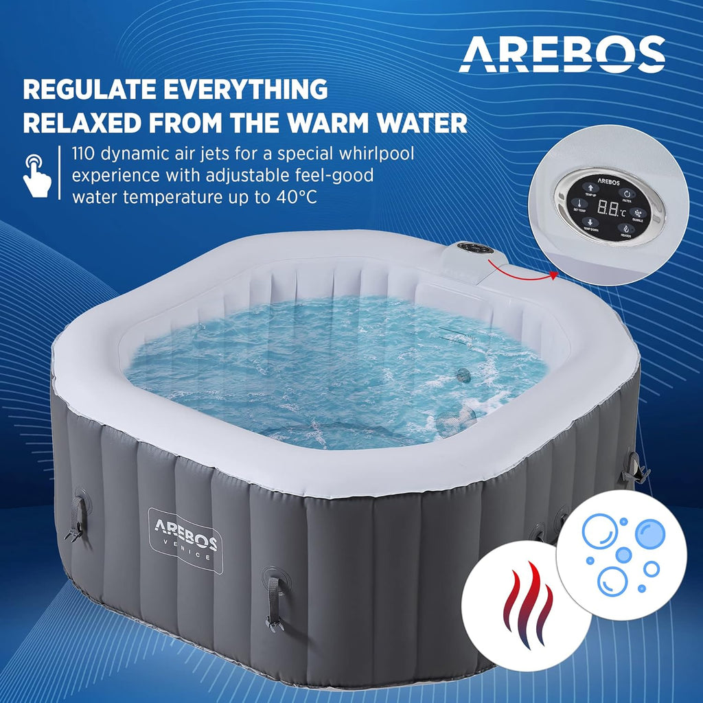 Arebos SPA Hinchable Bañera de hidromasaje | Interior y Exterior | 154x154 cm | 4 Personas | 110 chorros de Masaje | con calefacción | 600 litros | Incl. Cubierta | Bubble SPA & Wellness Massage