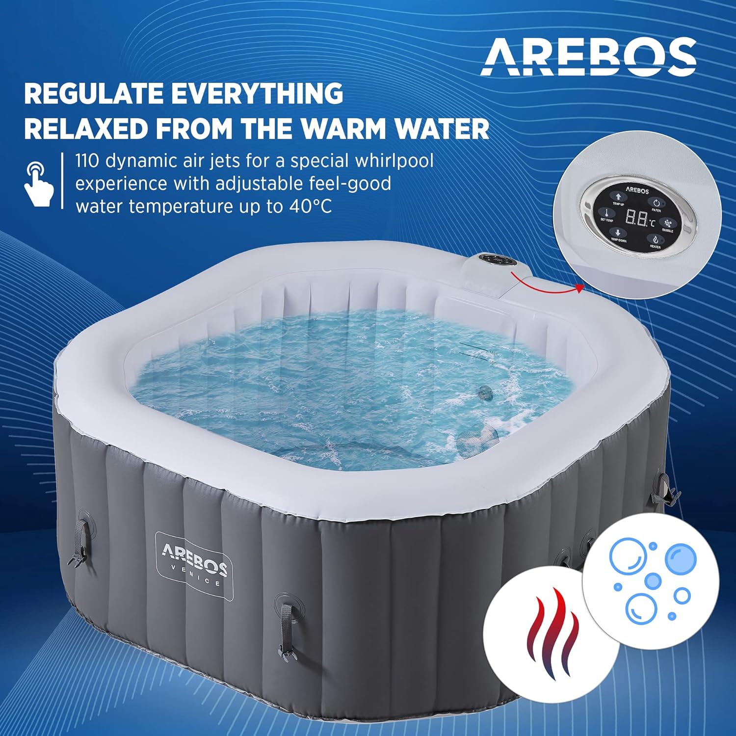 Arebos SPA Hinchable Bañera de hidromasaje | Interior y Exterior | 154x154 cm | 4 Personas | 110 chorros de Masaje | con calefacción | 600 litros | Incl. Cubierta | Bubble SPA & Wellness Massage