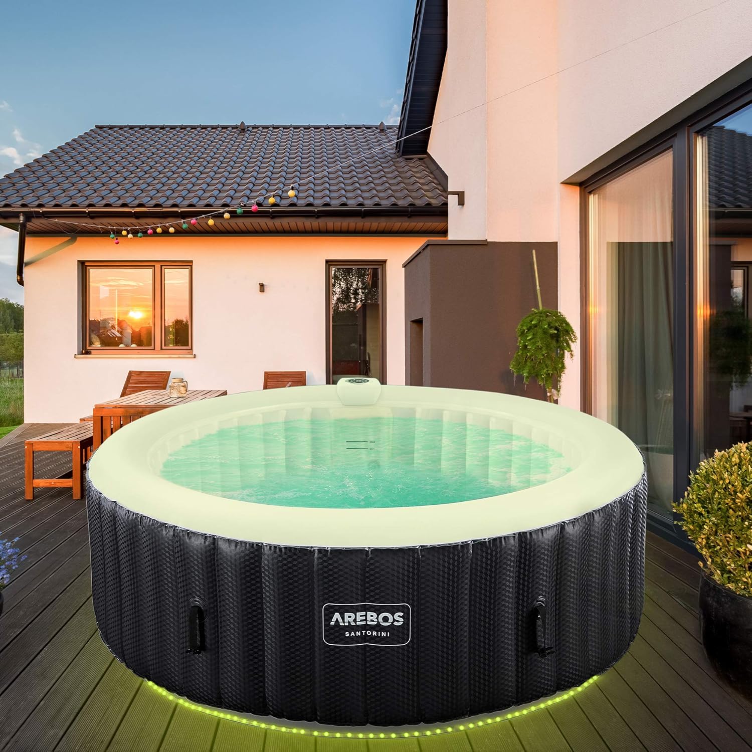 Arebos SPA Insuflável automático, para interior e exterior, TYYKL 208 cm, 6 pessoas, faixa luminosa LED, 130 boquilhas de massagem, 1000 l, inclui cobertura, Bubble SPA e Wellness massagem