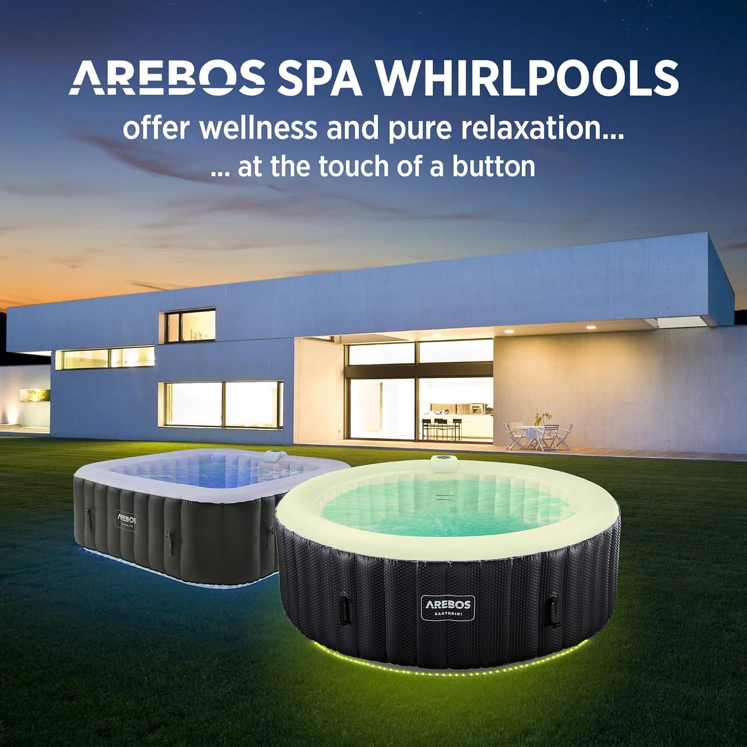 Arebos SPA Insuflável automático, para interior e exterior, TYYKL 208 cm, 6 pessoas, faixa luminosa LED, 130 boquilhas de massagem, 1000 l, inclui cobertura, Bubble SPA e Wellness massagem