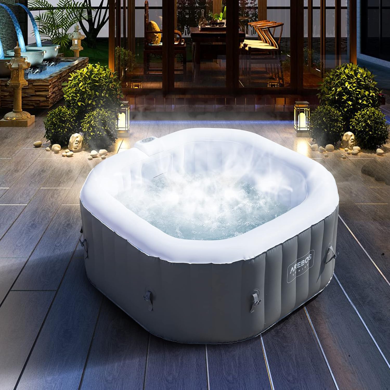 Arebos SPA Hinchable Bañera de hidromasaje | Interior y Exterior | 154x154 cm | 4 Personas | 110 chorros de Masaje | con calefacción | 600 litros | Incl. Cubierta | Bubble SPA & Wellness Massage