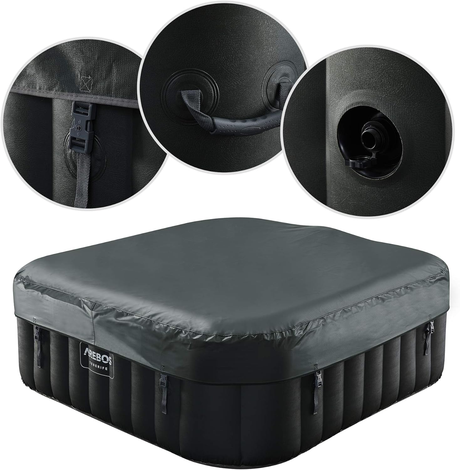 Arebos SPA Hinchable Whirlpool | Bañera de hidromasaje | 185x185cm | para 6 Personas | Banda Luminosa LED | 130 chorros de Masaje | 910 litros | Incluye Cubierta | Masaje de Burbujas y Bienestar