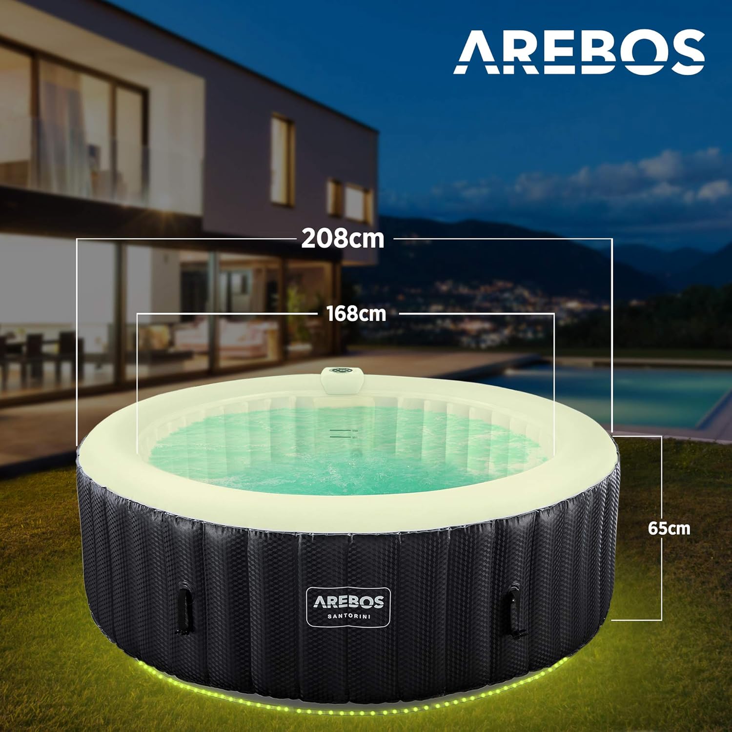 Arebos SPA Insuflável automático, para interior e exterior, TYYKL 208 cm, 6 pessoas, faixa luminosa LED, 130 boquilhas de massagem, 1000 l, inclui cobertura, Bubble SPA e Wellness massagem