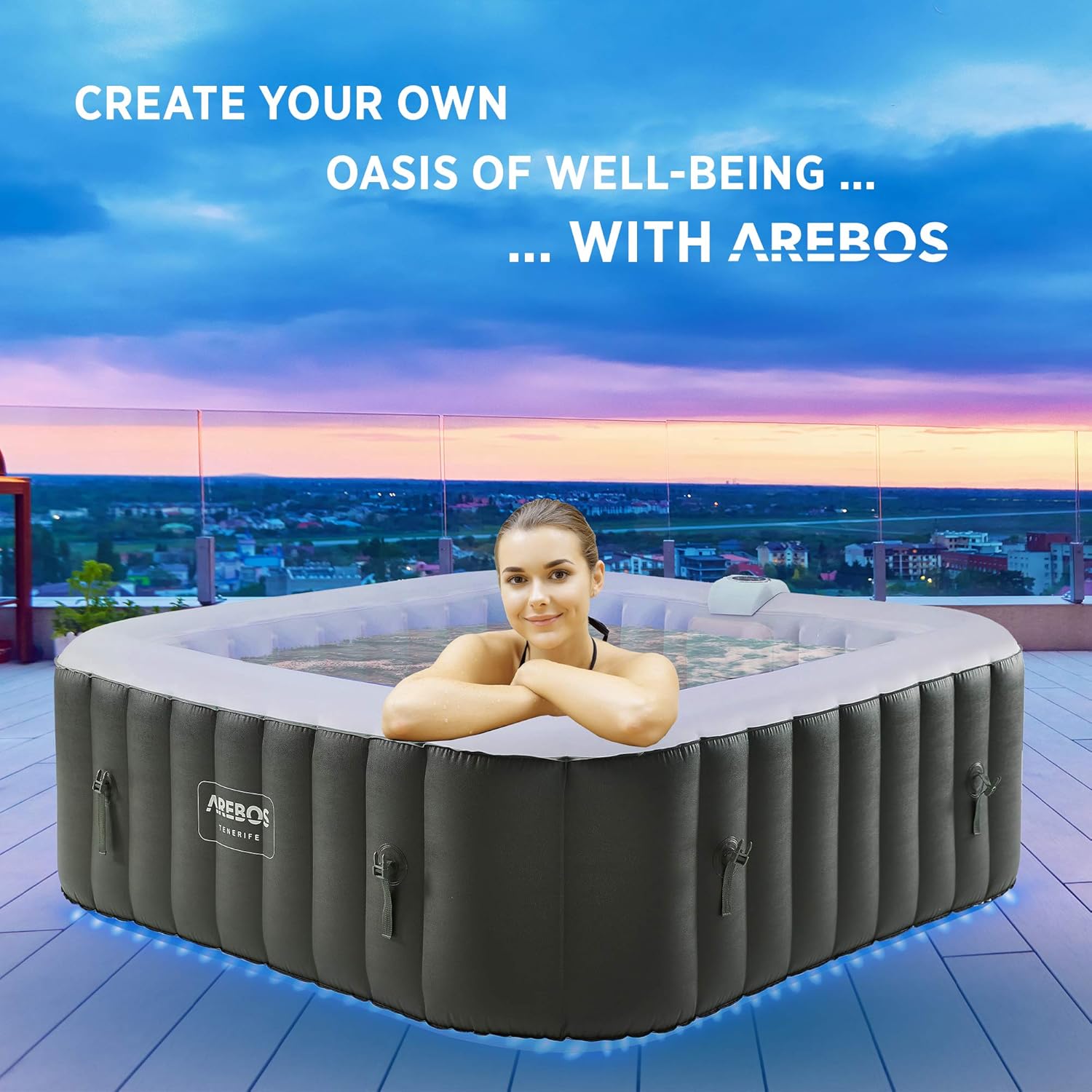 Arebos SPA Hinchable Whirlpool | Bañera de hidromasaje | 185x185cm | para 6 Personas | Banda Luminosa LED | 130 chorros de Masaje | 910 litros | Incluye Cubierta | Masaje de Burbujas y Bienestar