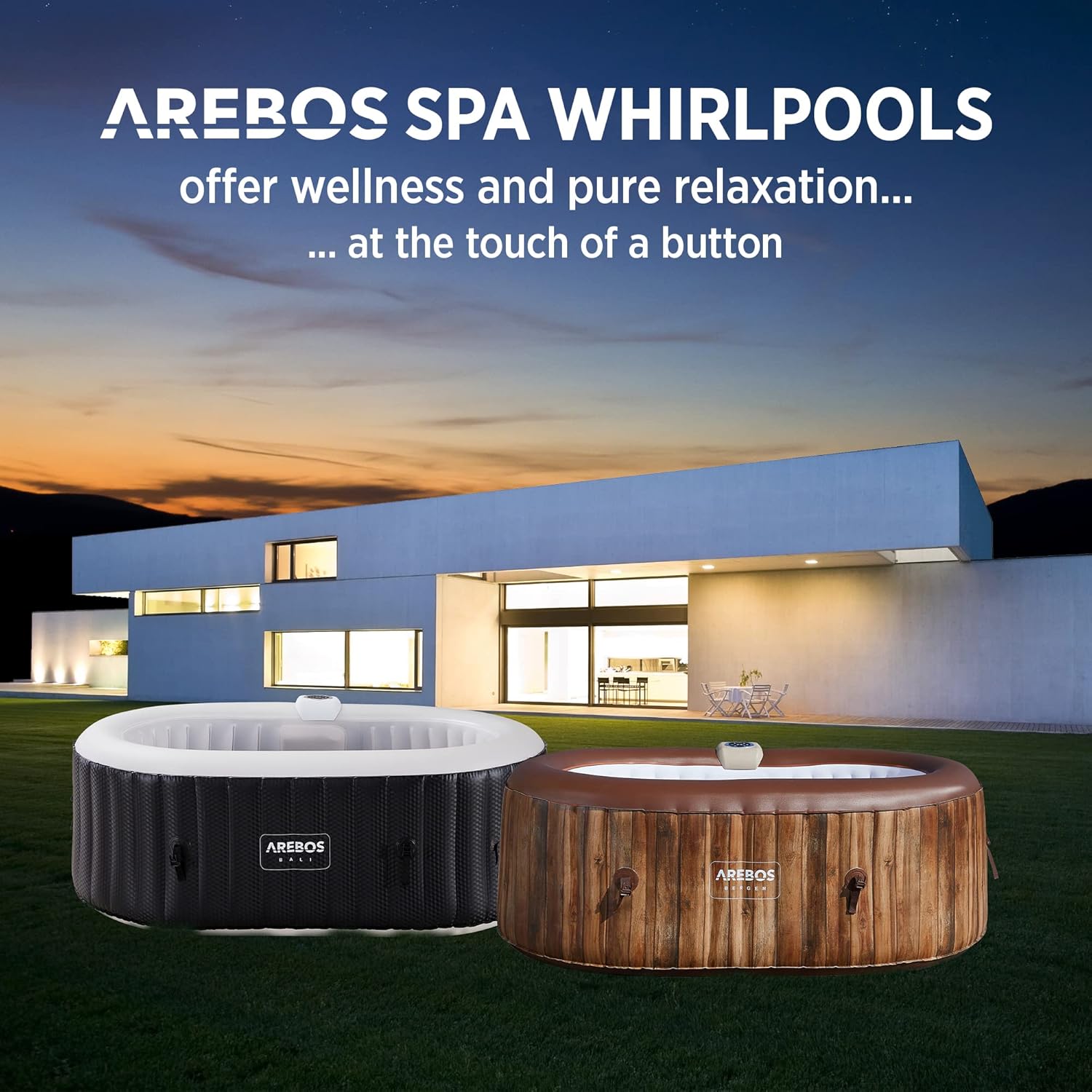 Arebos Whirlpool | SPA Hinchable | Interior y Exterior | 190x120 cm Ovalado | 2 Personas | 90 chorros de Masaje | con calefacción | 550 litros | Incl. Cubierta | Bubble SPA & Wellness Massage