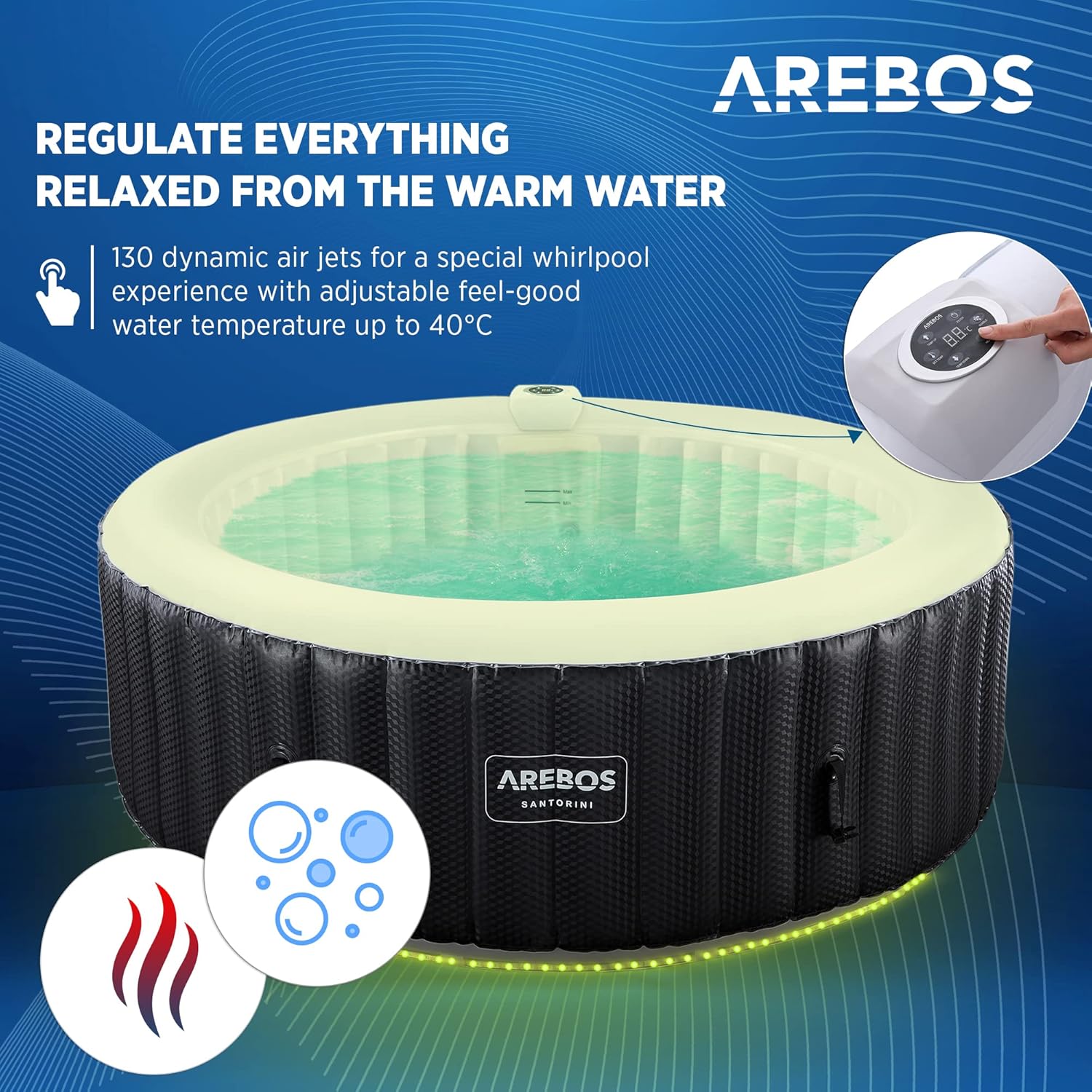 Arebos SPA Insuflável automático, para interior e exterior, TYYKL 208 cm, 6 pessoas, faixa luminosa LED, 130 boquilhas de massagem, 1000 l, inclui cobertura, Bubble SPA e Wellness massagem