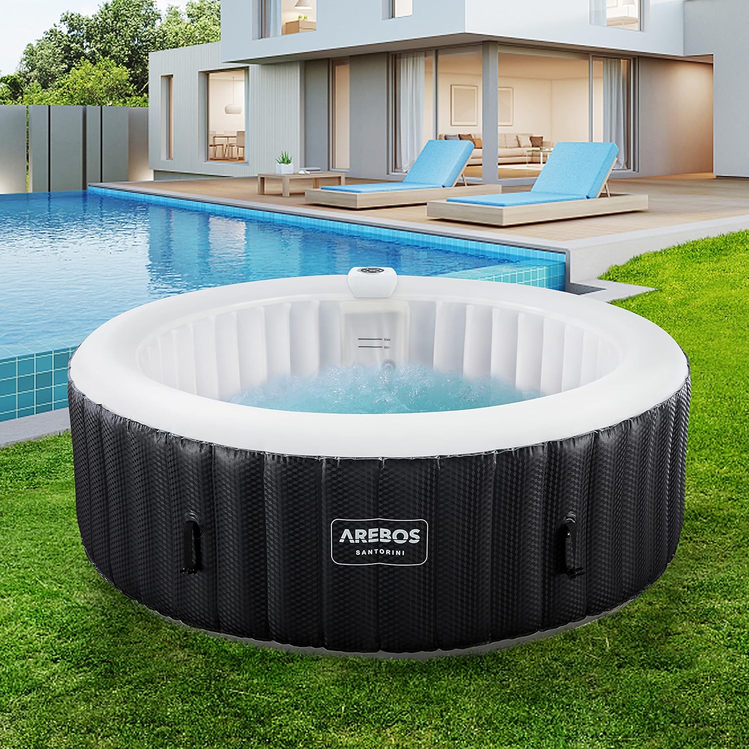 Arebos SPA Insuflável automático, para interior e exterior, TYYKL 208 cm, 6 pessoas, faixa luminosa LED, 130 boquilhas de massagem, 1000 l, inclui cobertura, Bubble SPA e Wellness massagem