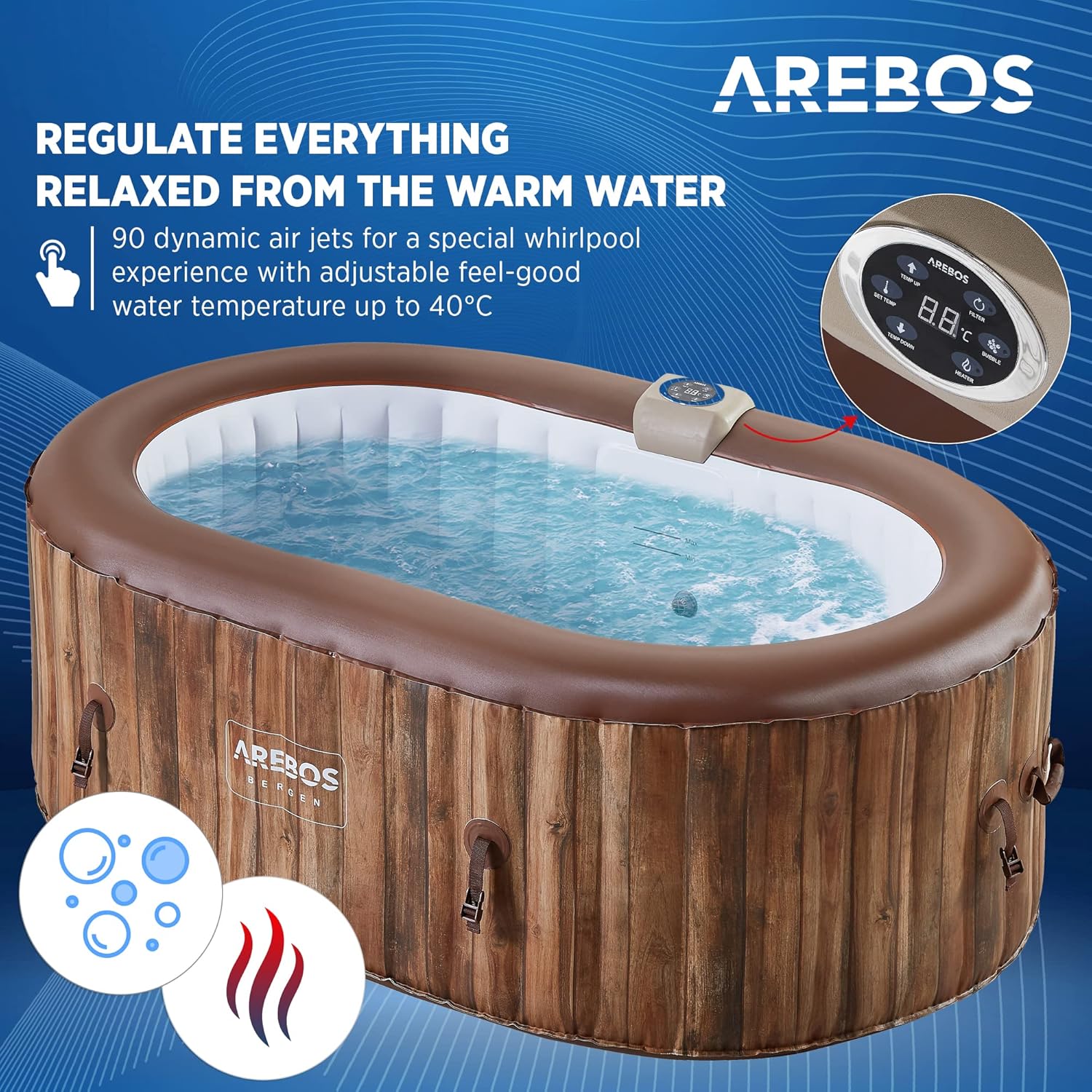 Arebos Whirlpool | SPA Hinchable | Interior y Exterior | 190x120 cm Ovalado | 2 Personas | 90 chorros de Masaje | con calefacción | 550 litros | Incl. Cubierta | Bubble SPA & Wellness Massage