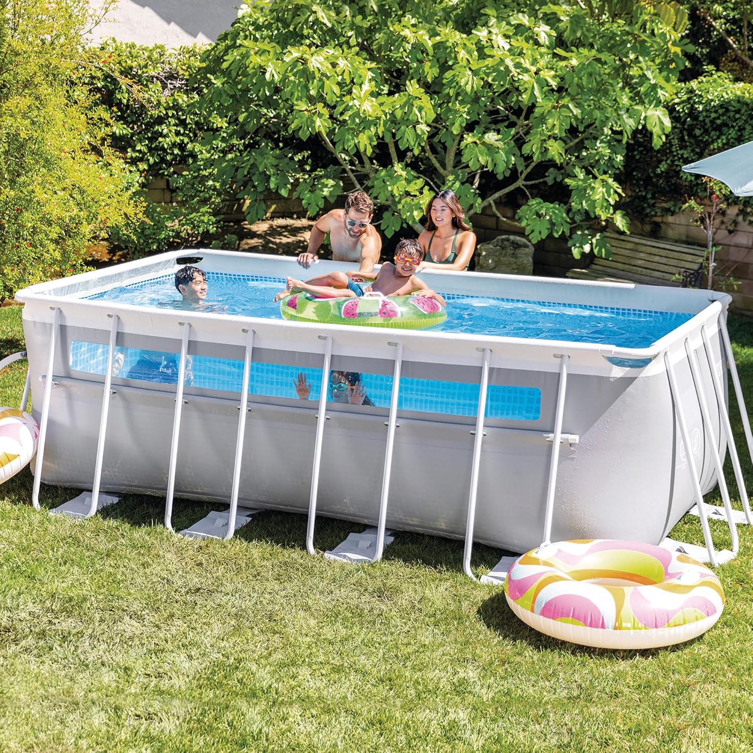 Intex Piscina Desmontable Rectangular Prism Frame, 400x200x122 cm, Material Triple Capa, Capacidad 8.418 L, Ventana panorámica, Tapiz, Cobertor, Depuradora de Cartucho, Escalera (56029)