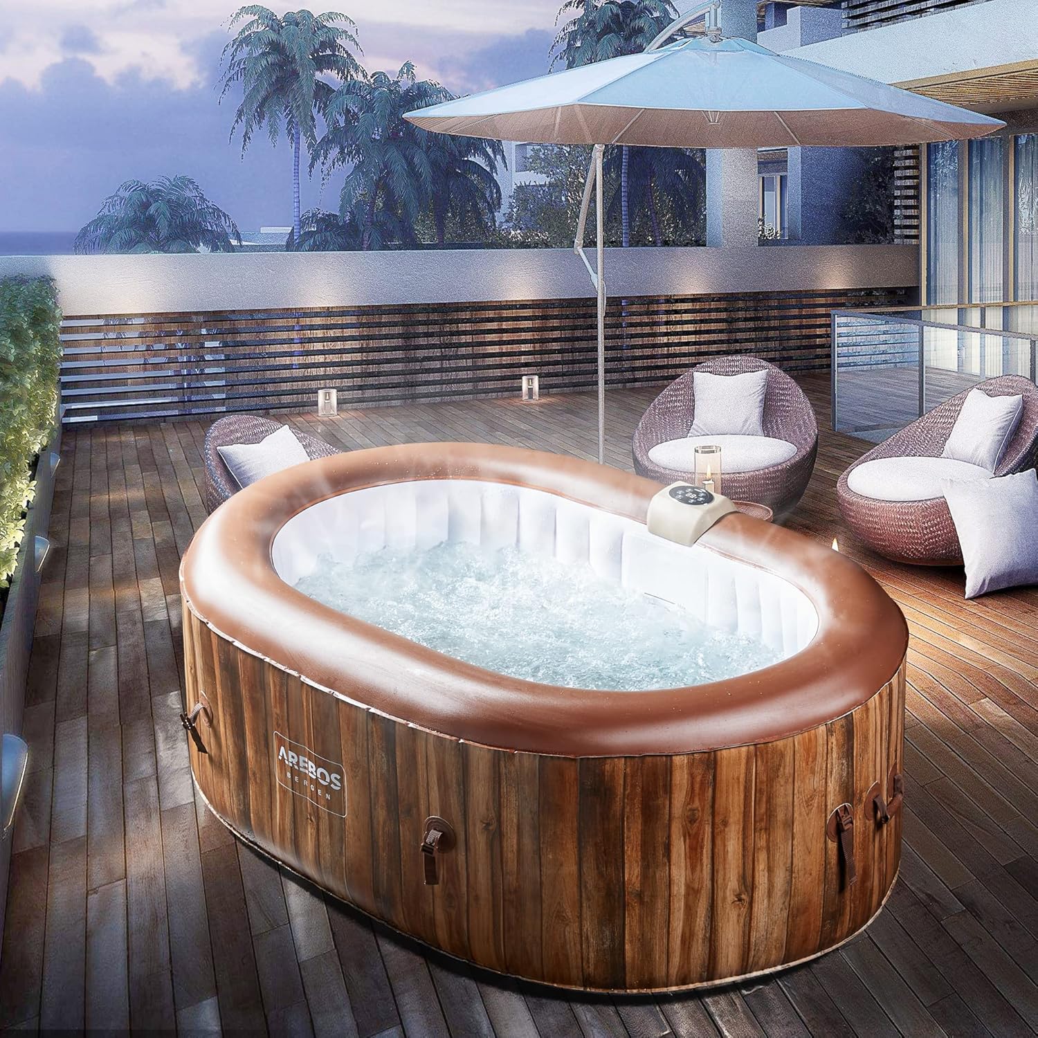 Arebos Whirlpool | SPA Hinchable | Interior y Exterior | 190x120 cm Ovalado | 2 Personas | 90 chorros de Masaje | con calefacción | 550 litros | Incl. Cubierta | Bubble SPA & Wellness Massage