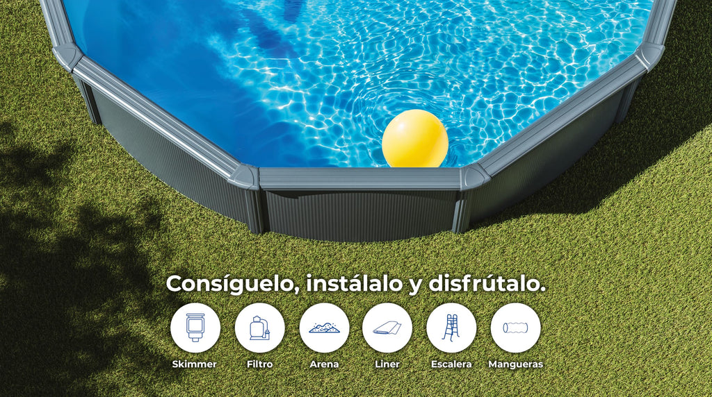 Gre KIT610GY Piscina de Acero Elevada, Ovalada con Aspecto Acero Gris Antracita, Piscinas Desmontables para Jardín, 610 x 375 x 120 cm, Kea