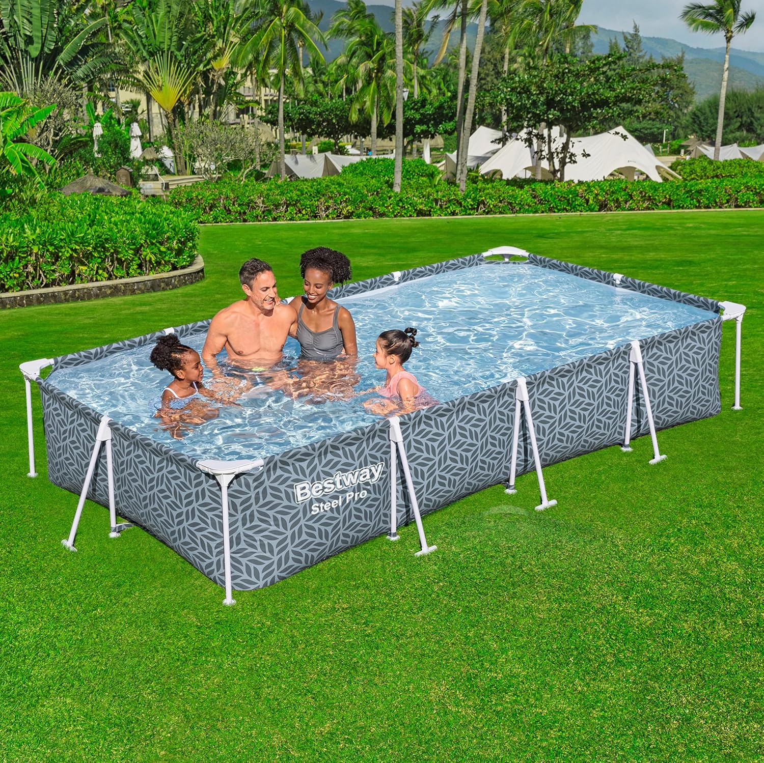 BESTWAY Piscina tiene una capacidad de 4.000 litros y la parte exterior del revestimiento tiene un diseño geométrico de hojas que destacará en tu jardín Desmontable Steel Pro 366x201x66 cm Gris