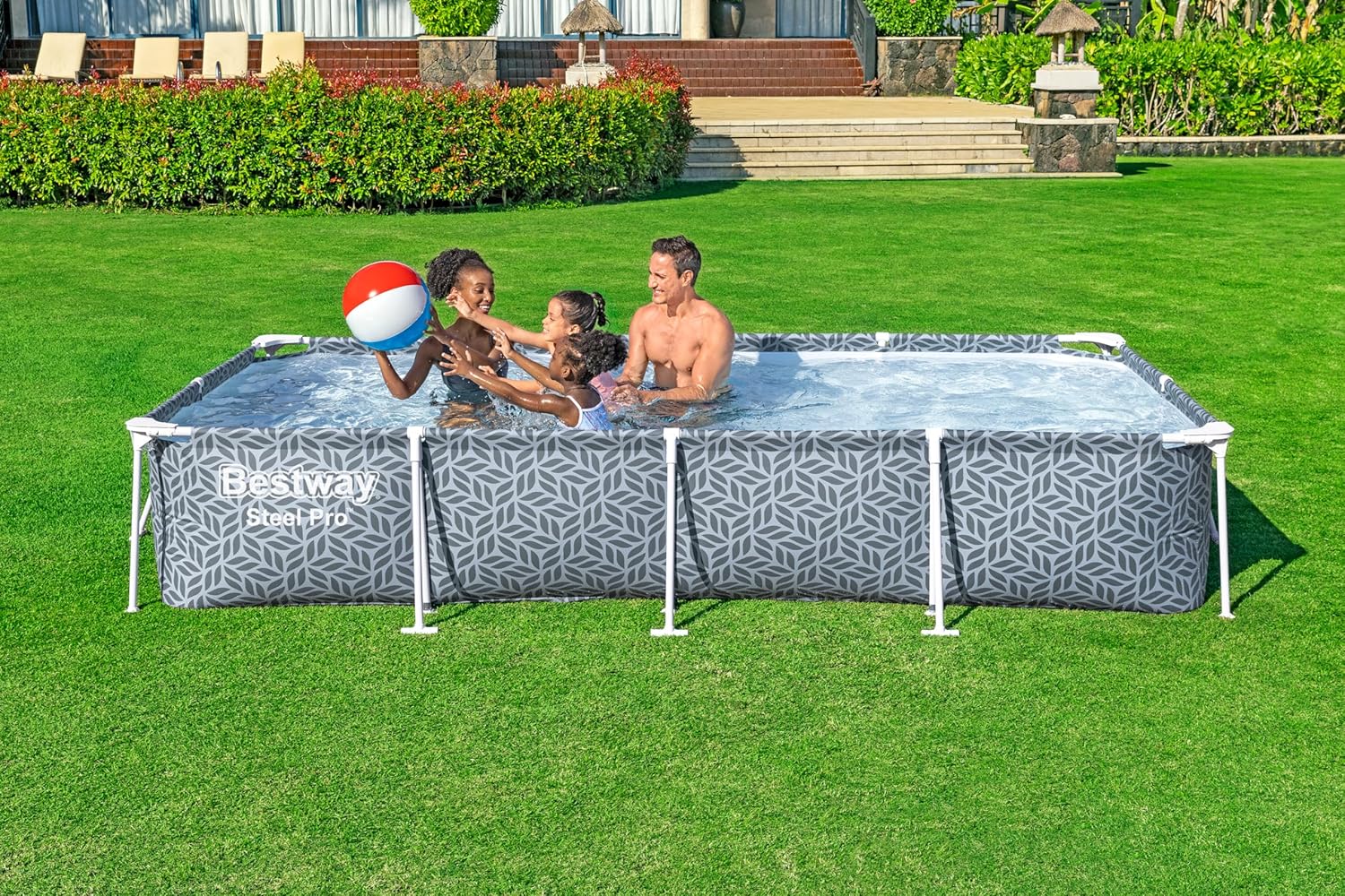 BESTWAY Piscina tiene una capacidad de 4.000 litros y la parte exterior del revestimiento tiene un diseño geométrico de hojas que destacará en tu jardín Desmontable Steel Pro 366x201x66 cm Gris